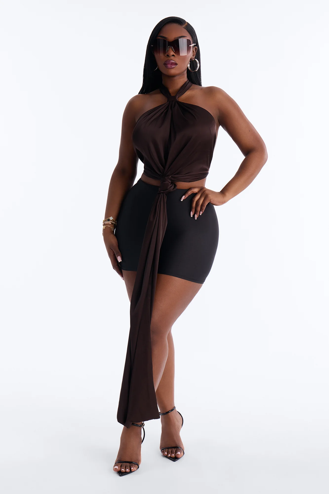 Love Shy Knotted Satin Halter Top - Chocolate - Image 6