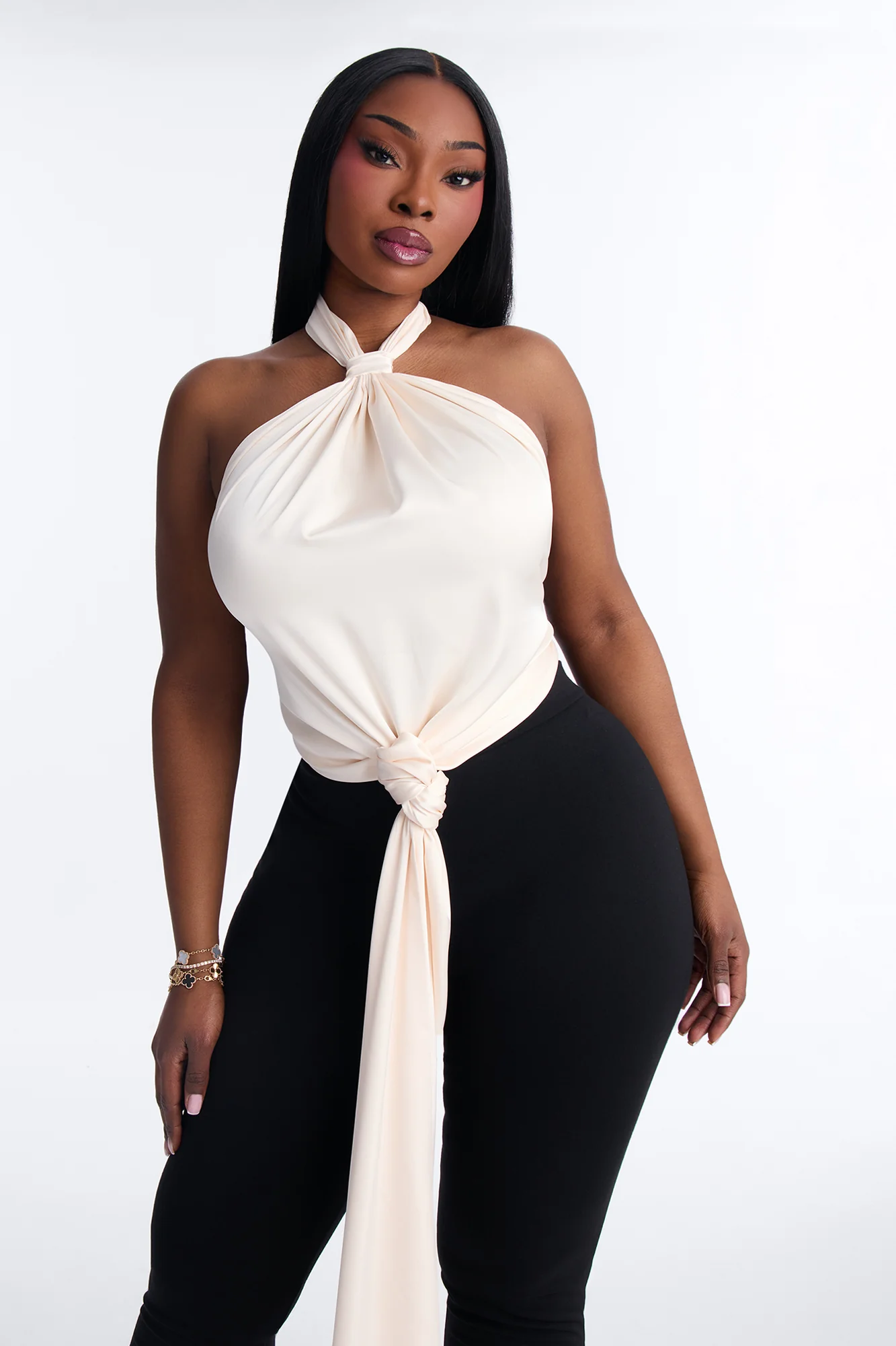 Love Shy Knotted Satin Halter Top - Cream - Image 7