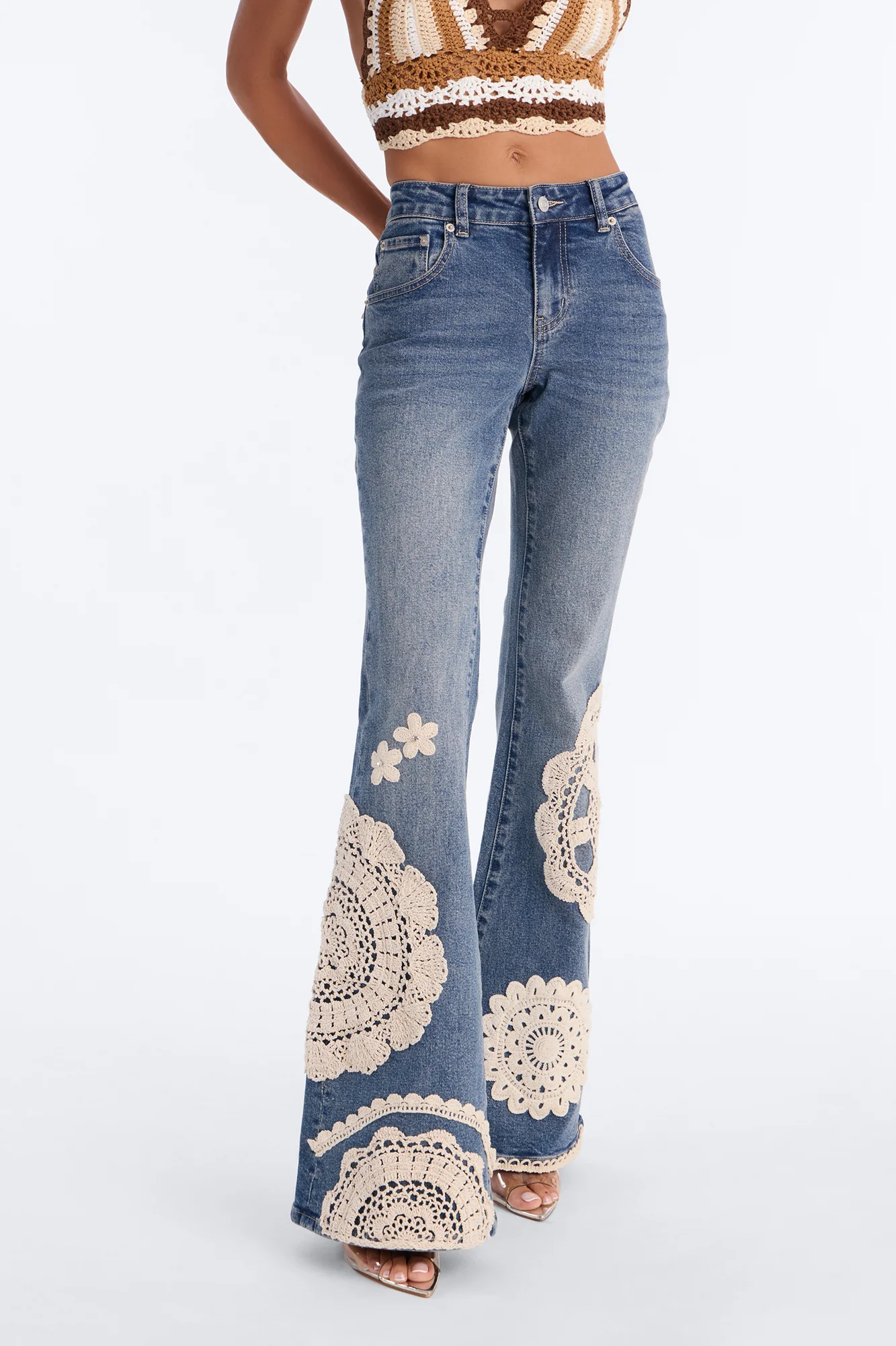 Lovechild Crotchet Applique Flare Jeans - Dark Wash