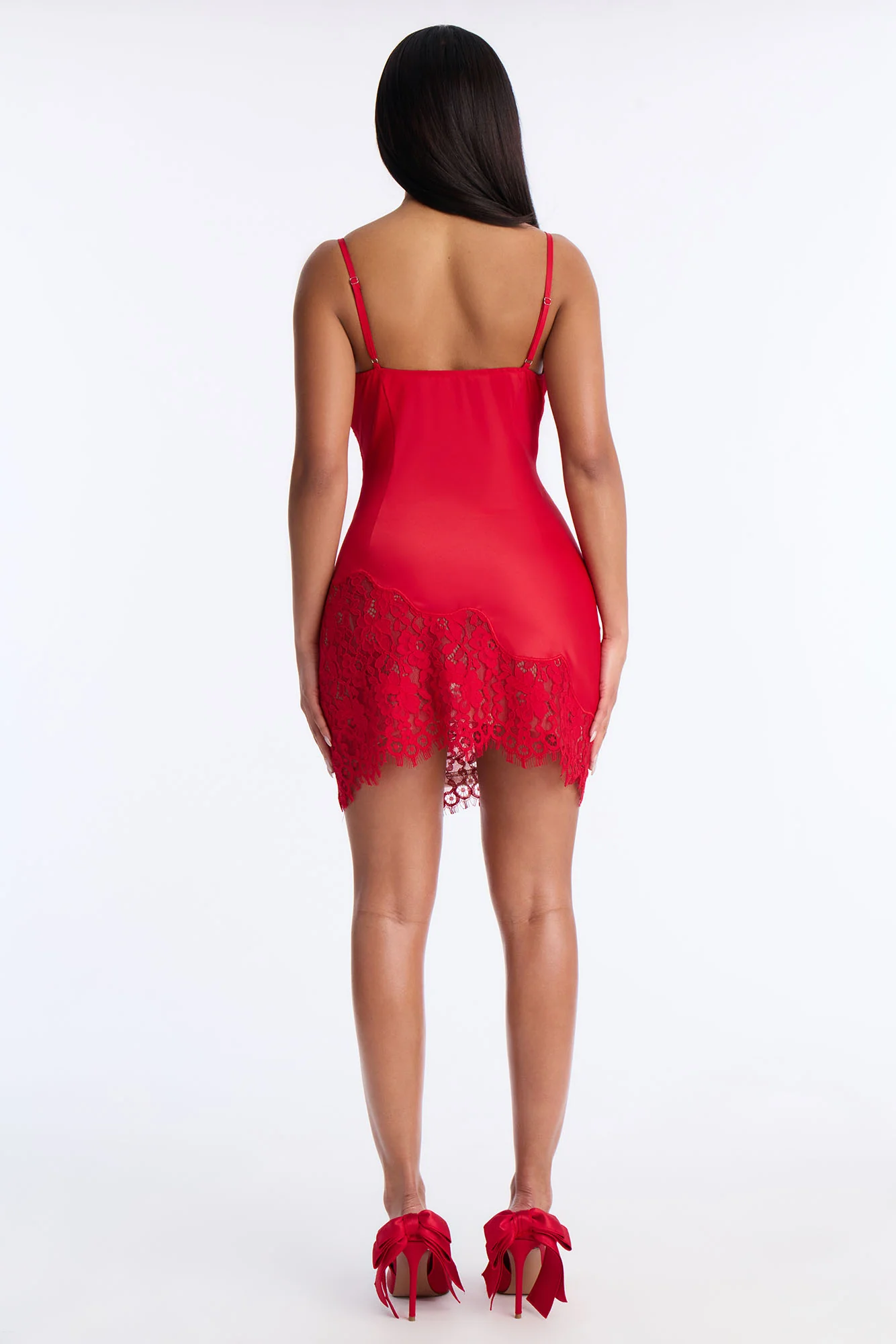 Lovely Lace Satin Mini Dress - Red - Image 3