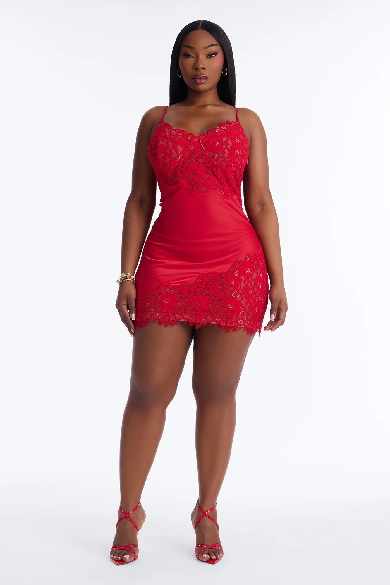 Lovely Lace Satin Mini Dress - Red - Image 4