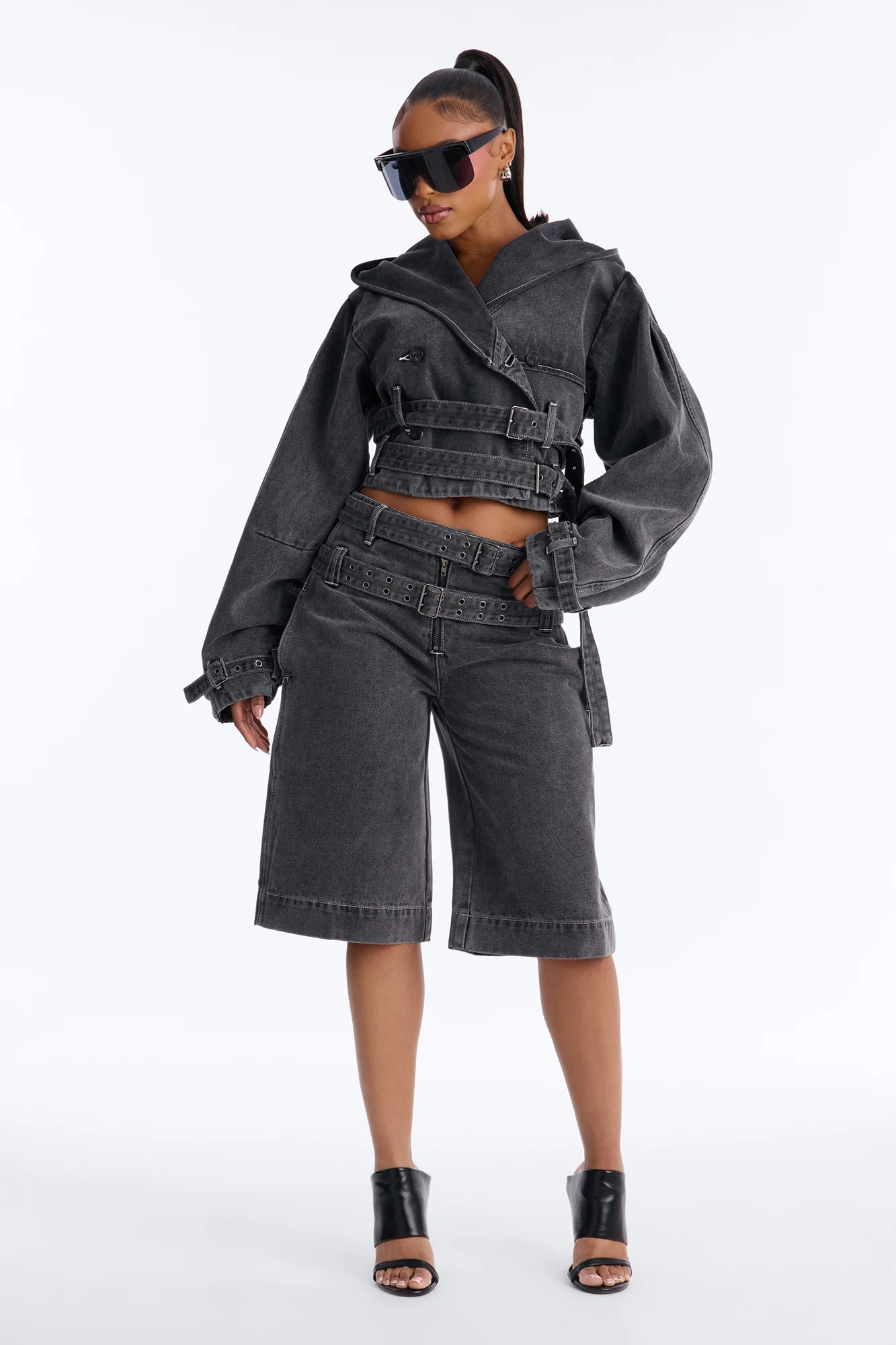 Loving London Hooded Denim Crop Trench - Grey - Image 2