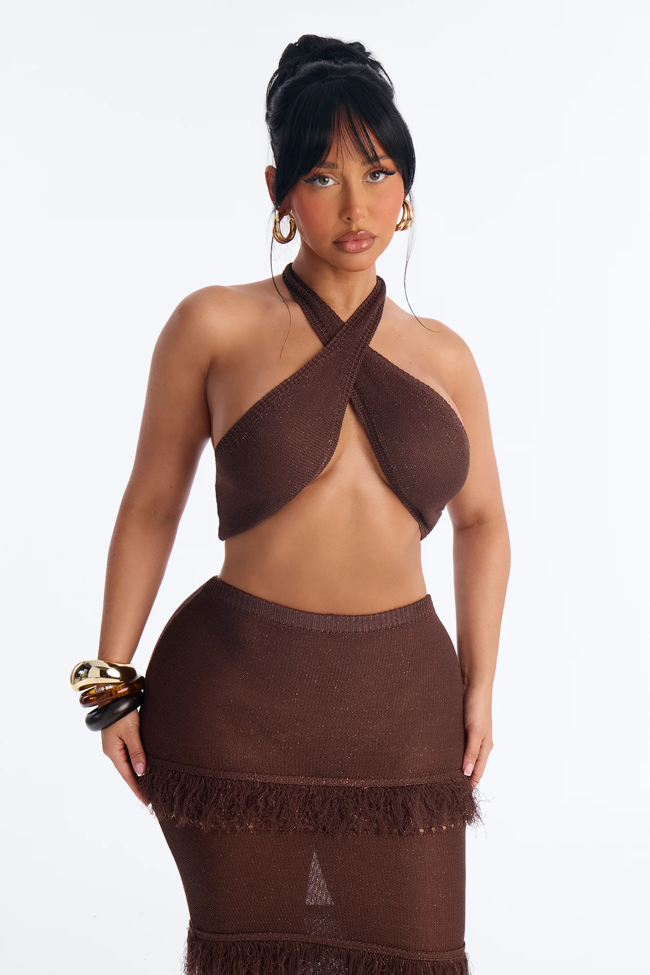 Lucia Fringed Crochet Skirt Set - Brown - Image 2