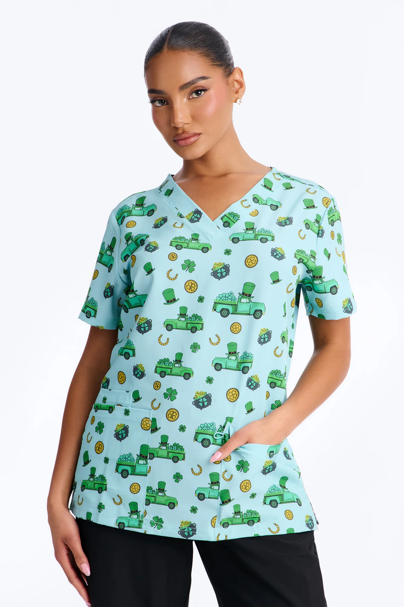 Luck In A Pick Up Truck Scrub Top - Green/combo
