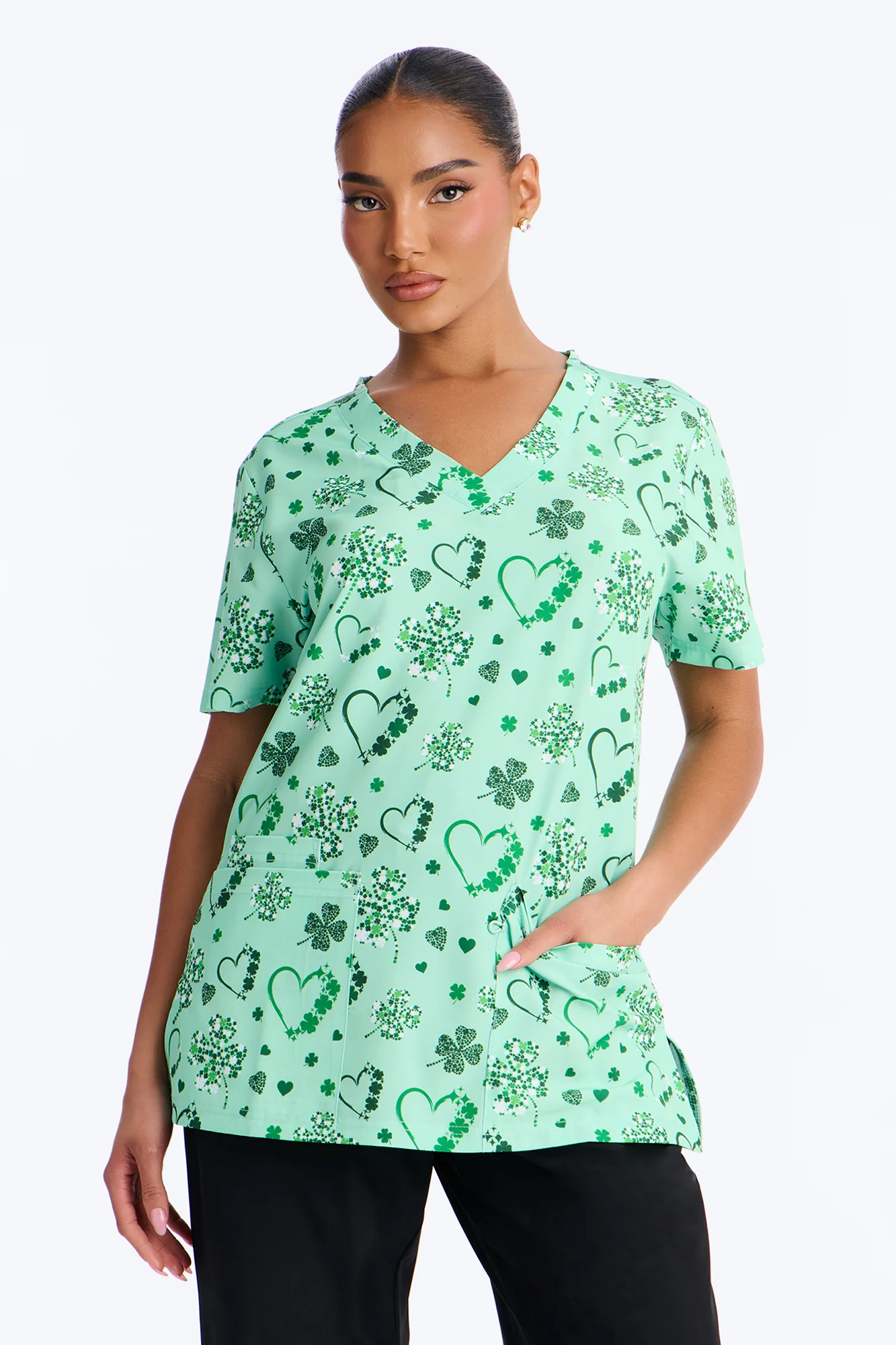 Lucky In Love Scrub Top - Green/combo