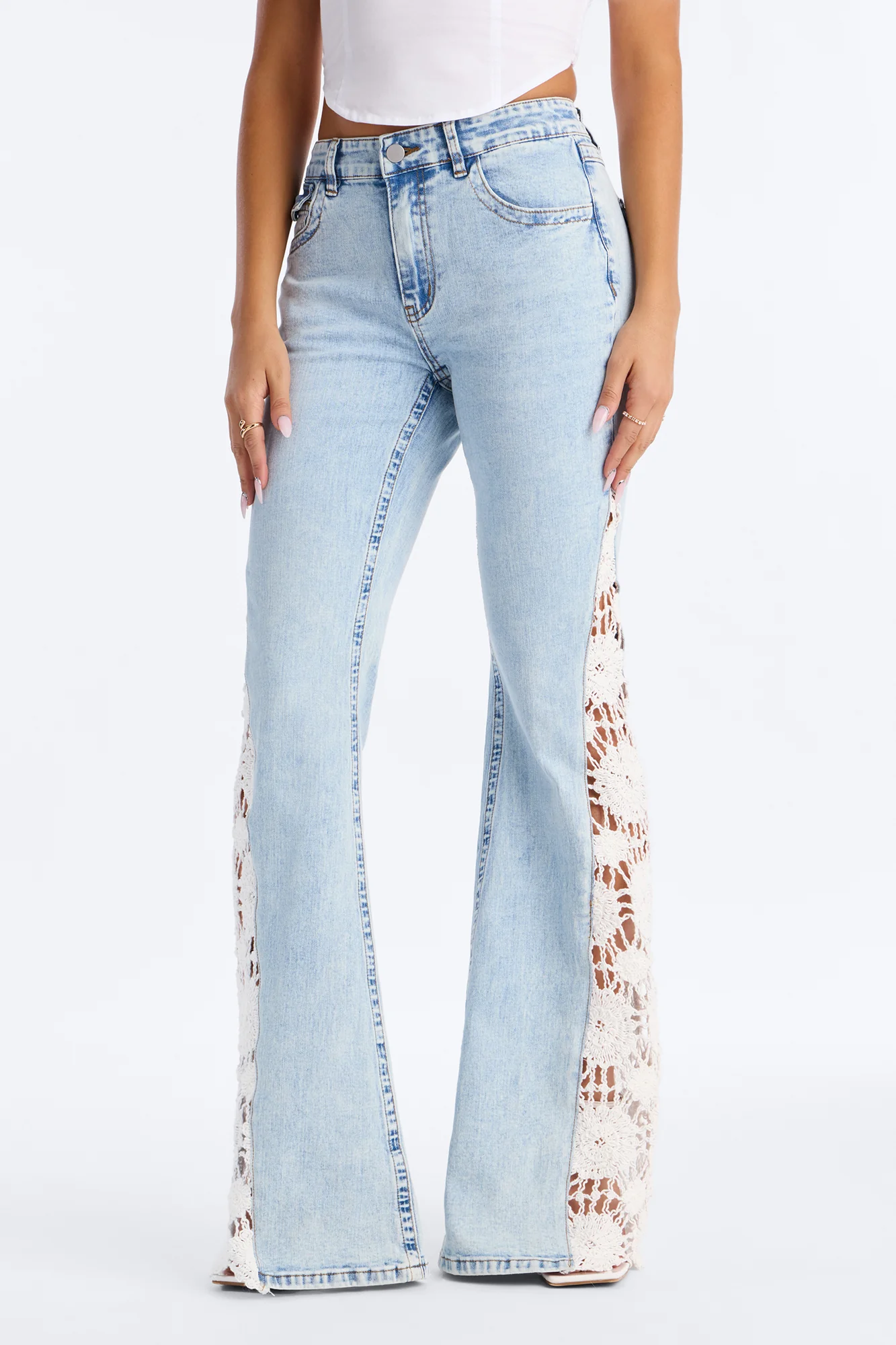 Lucy Low Rise Crochet Flare Jeans - Light Wash