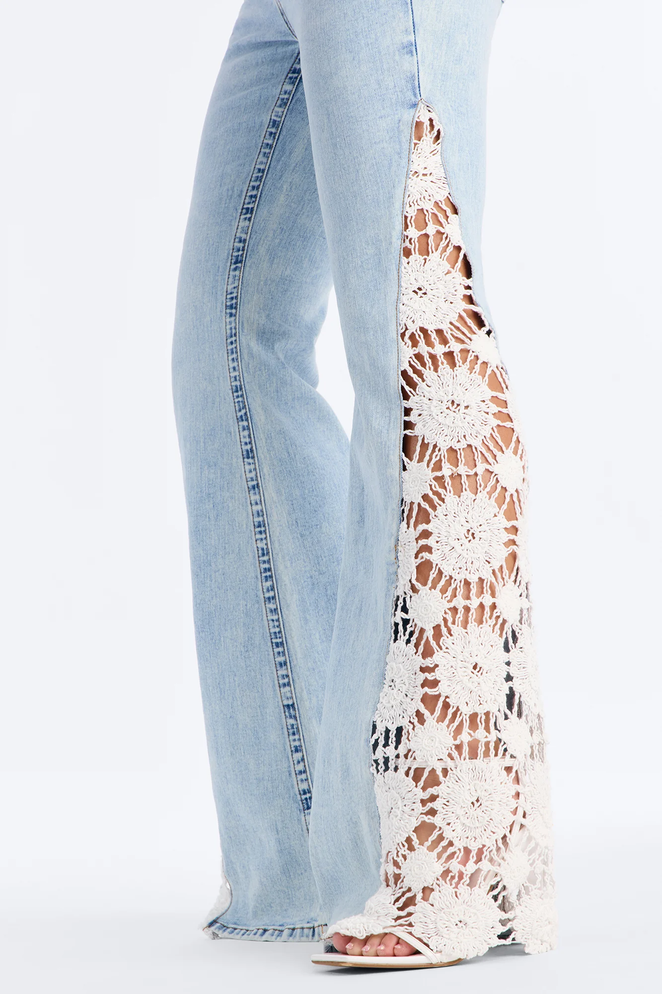 Lucy Low Rise Crochet Flare Jeans - Light Wash - Image 3