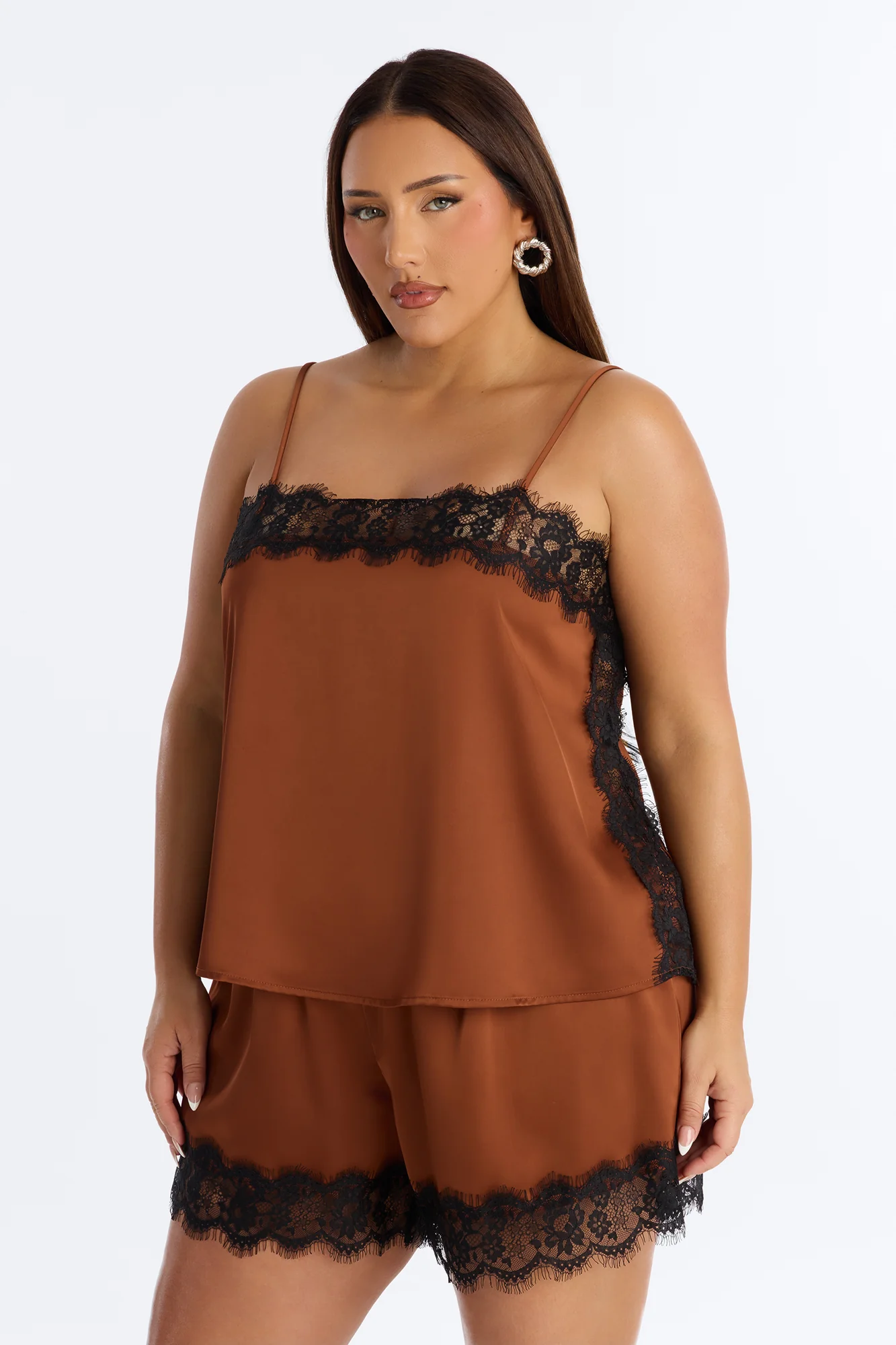Luella Satin Lace Short Set - Brown - Image 6
