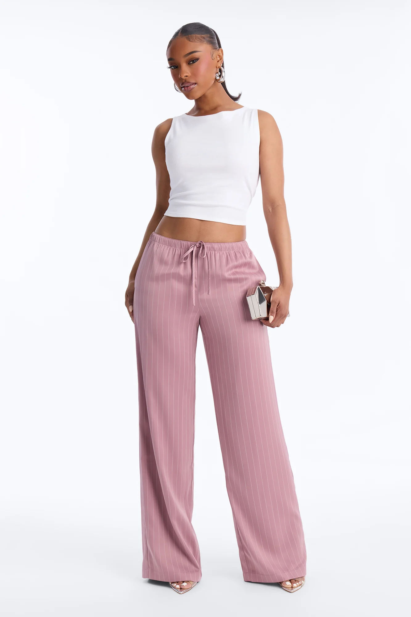 Lulu Pinstripe Satin Wide Leg Pant 32″ - Mauve