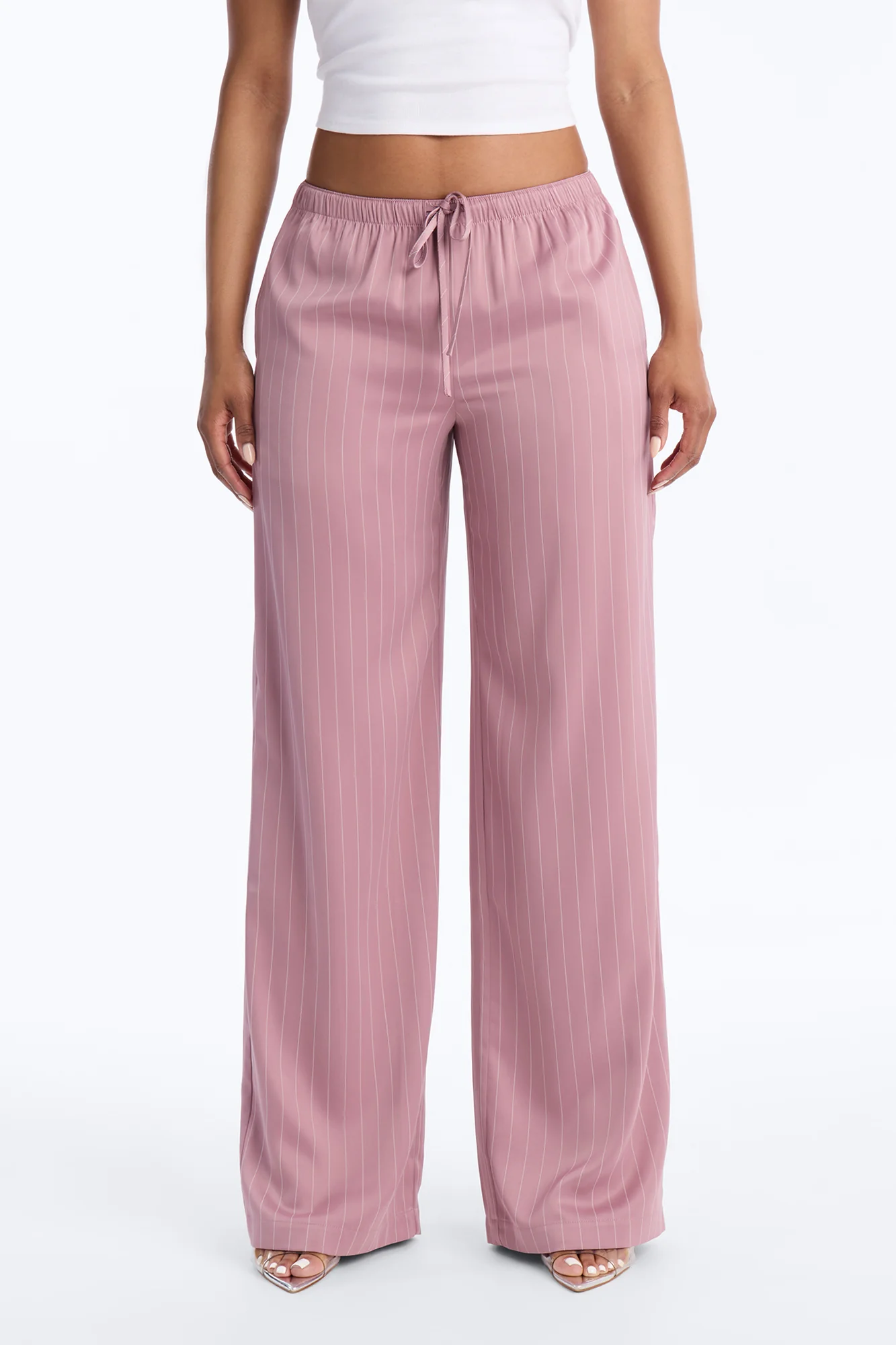 Lulu Pinstripe Satin Wide Leg Pant 32″ - Mauve - Image 2