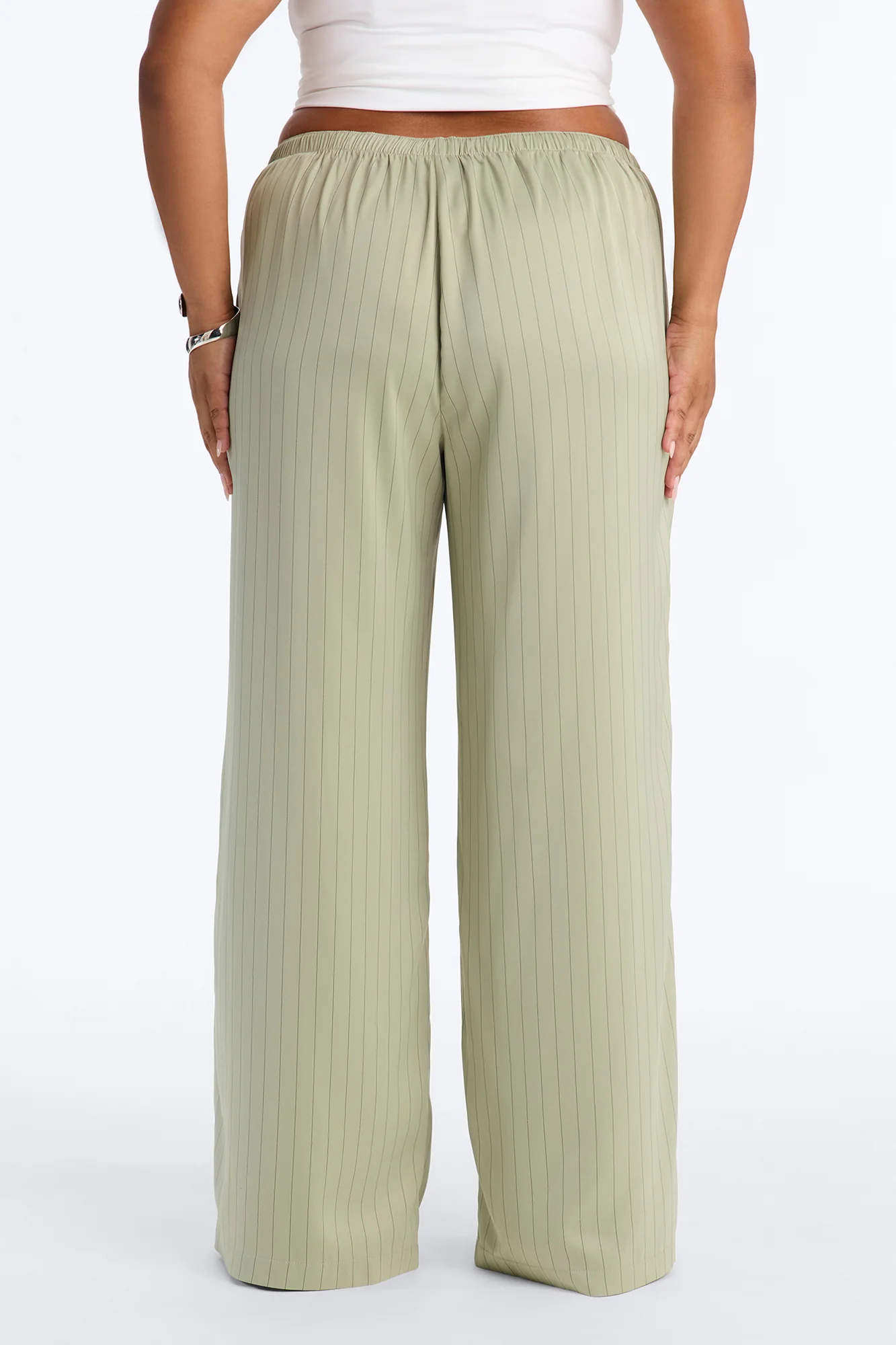 Lulu Pinstripe Satin Wide Leg Pant 32″ - Olive - Image 8