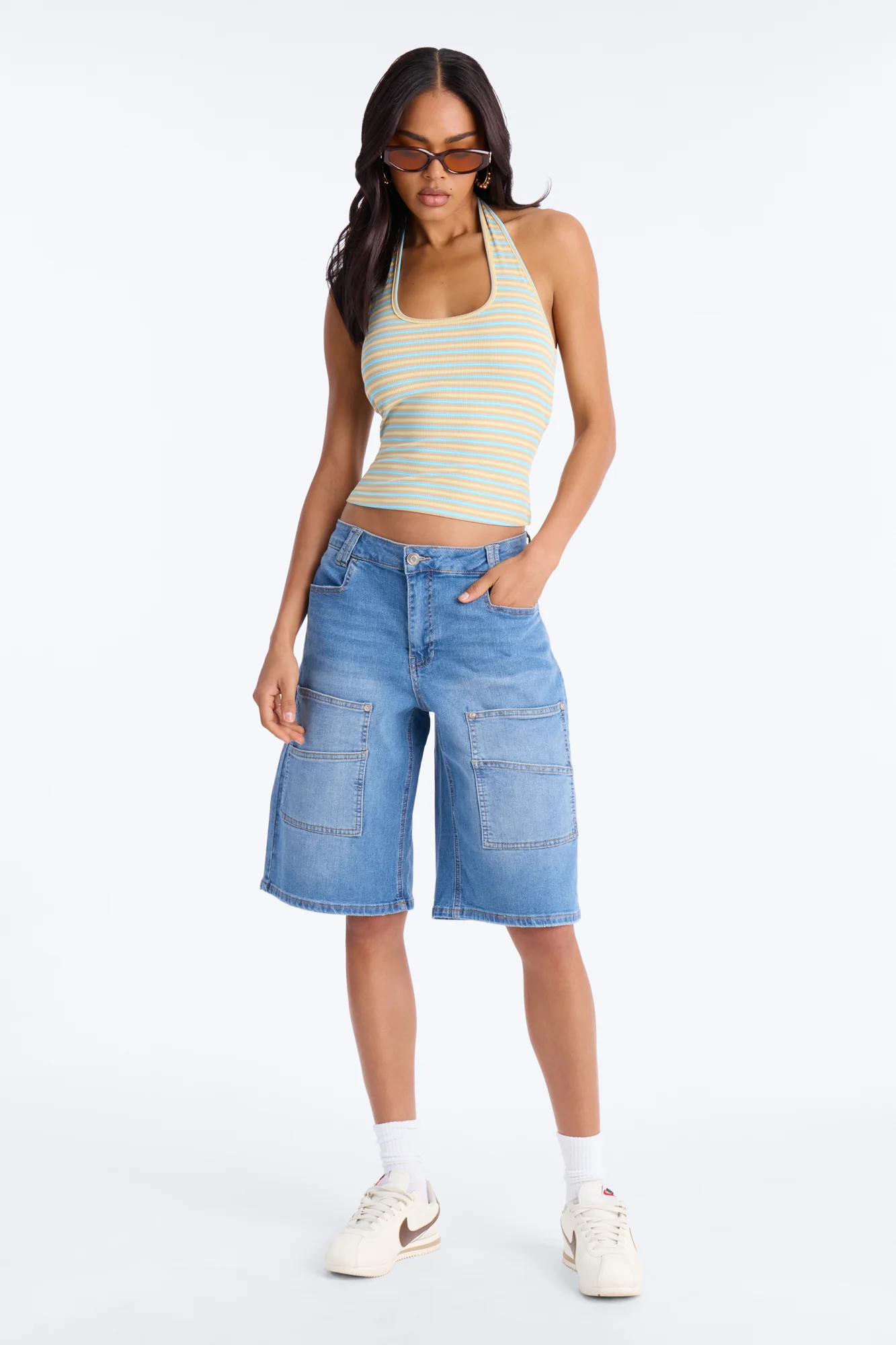 Lulu Ribbed Striped Scoop Neck Halter Top - Brown/combo - Image 2
