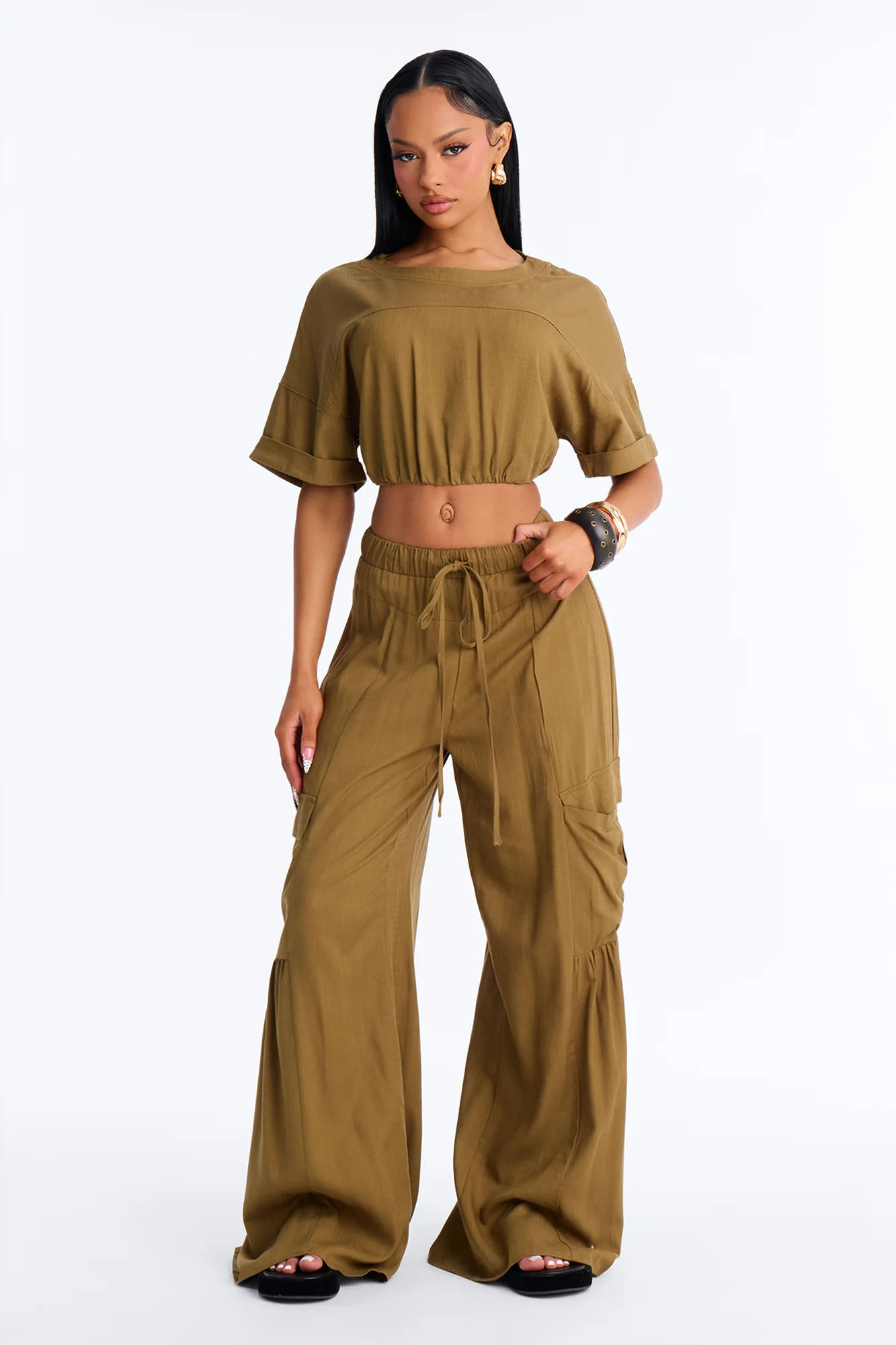 Lulu Wide Leg Pant Set - Olive
