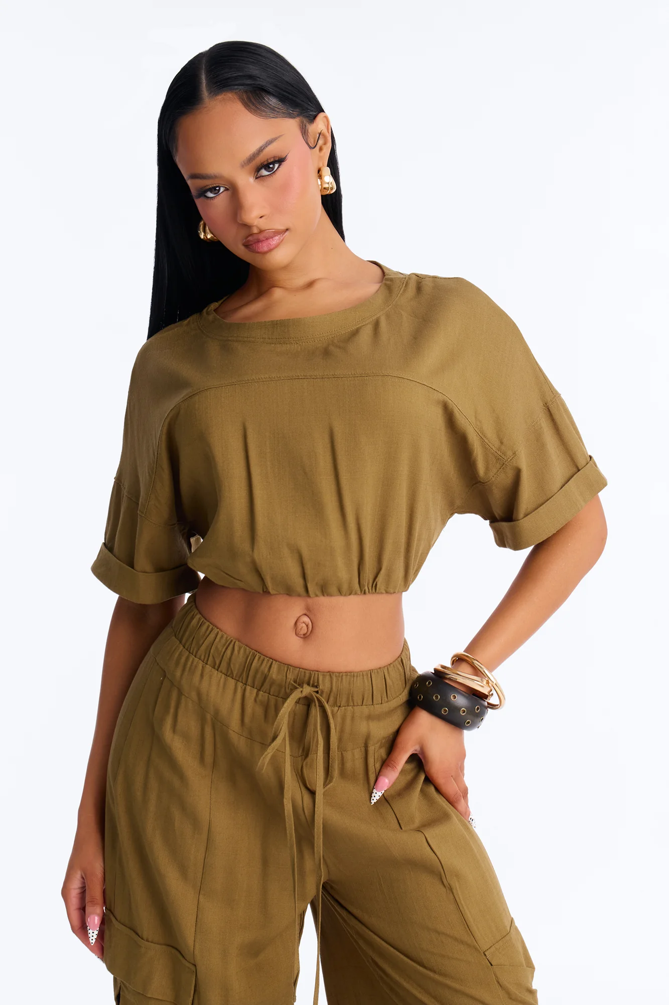 Lulu Wide Leg Pant Set - Olive - Image 2