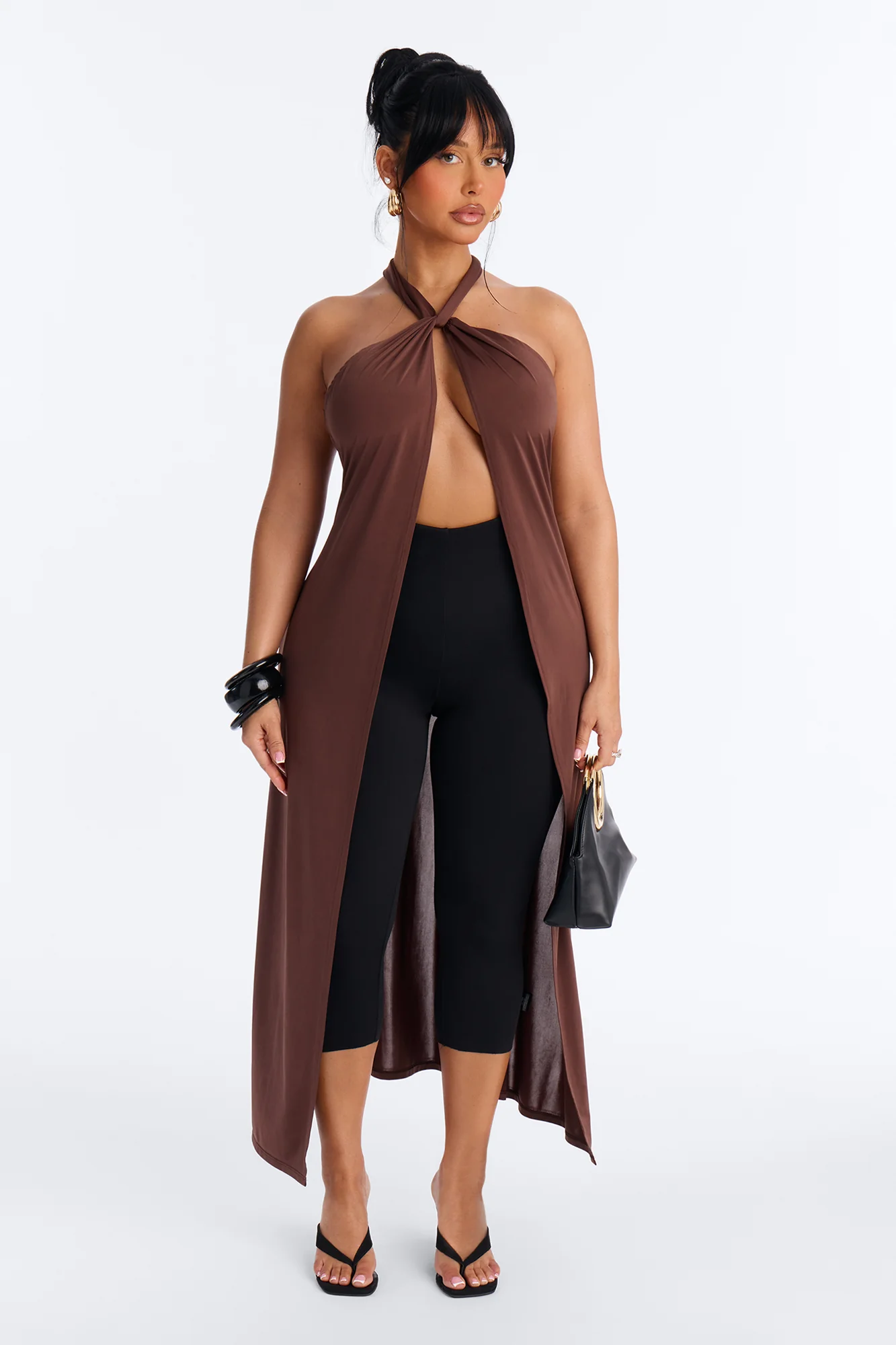 Luna Long Flyaway Low Back Top - Brown