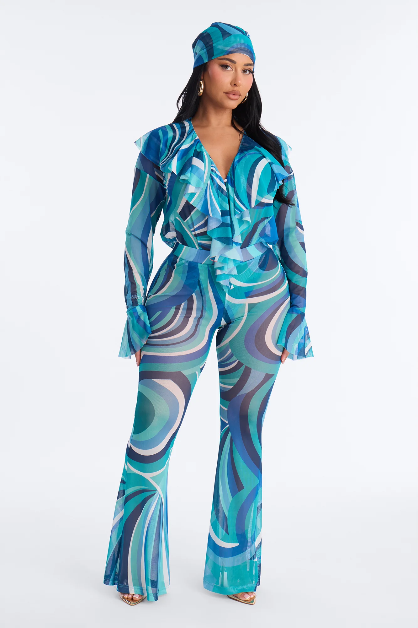 Lure You In 3 Piece Scarf Pant Set - Blue/combo