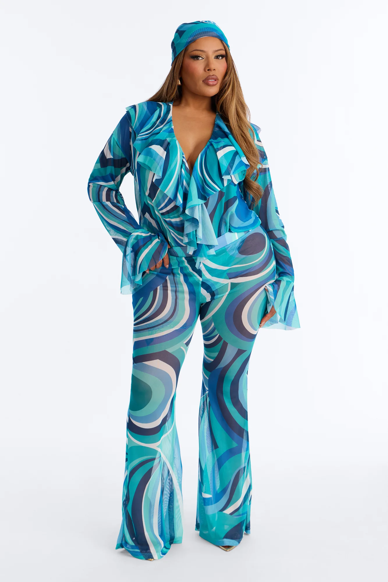 Lure You In 3 Piece Scarf Pant Set - Blue/combo - Image 5