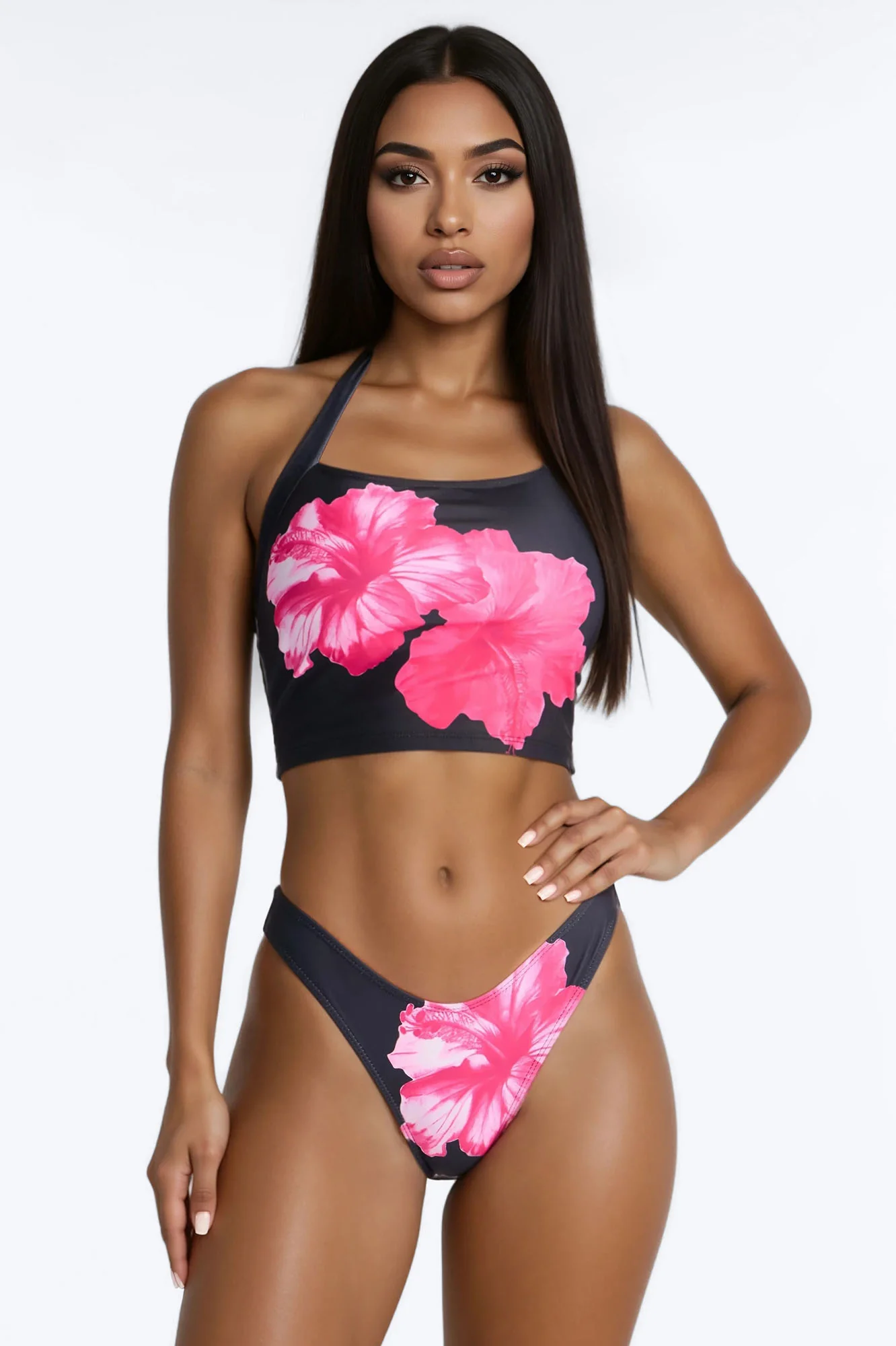Mabel 2 Piece Floral Tankini Bikini Set - Black/Pink