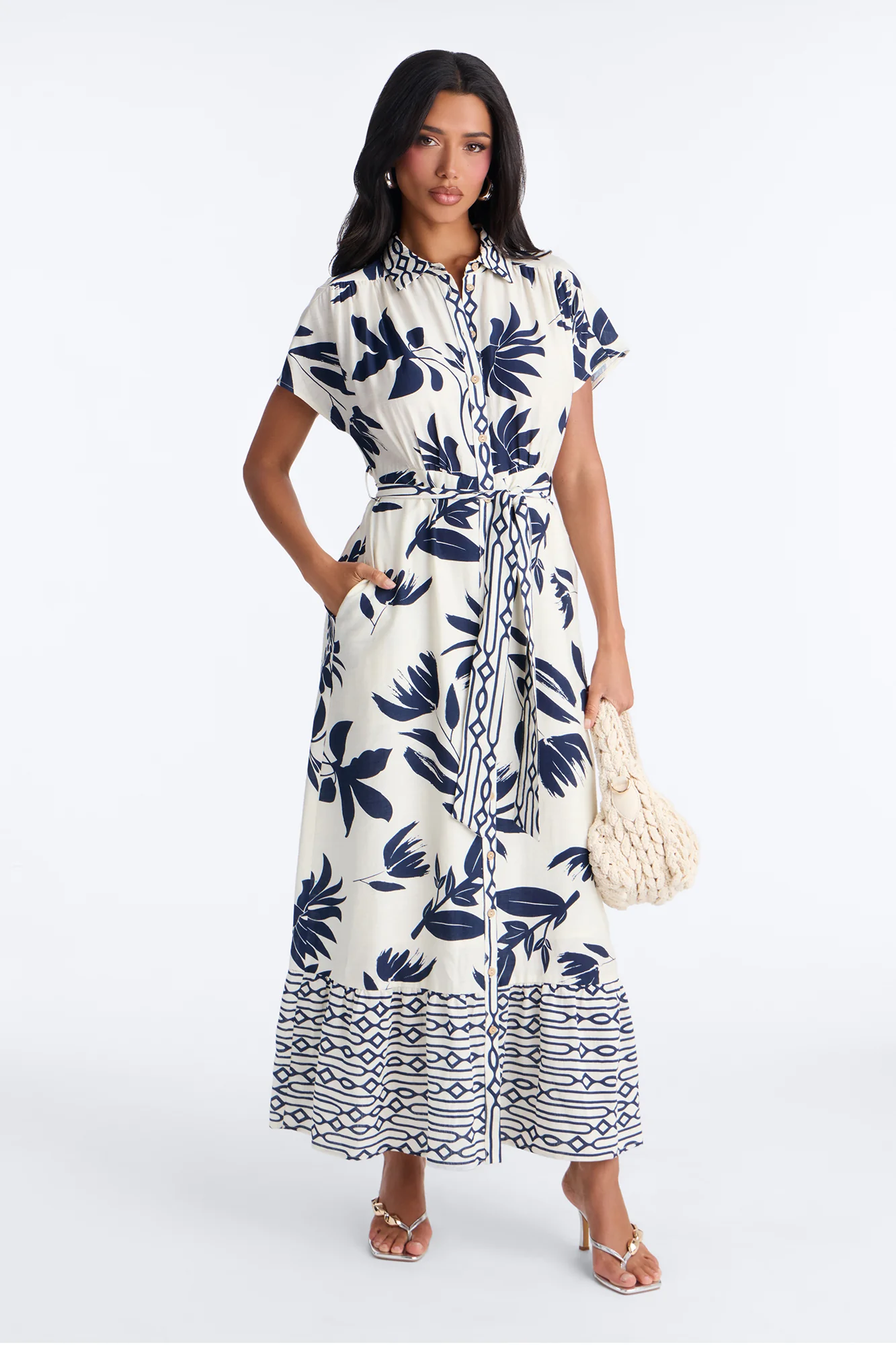 Mable Collared Linen Maxi Dress - Navy/combo