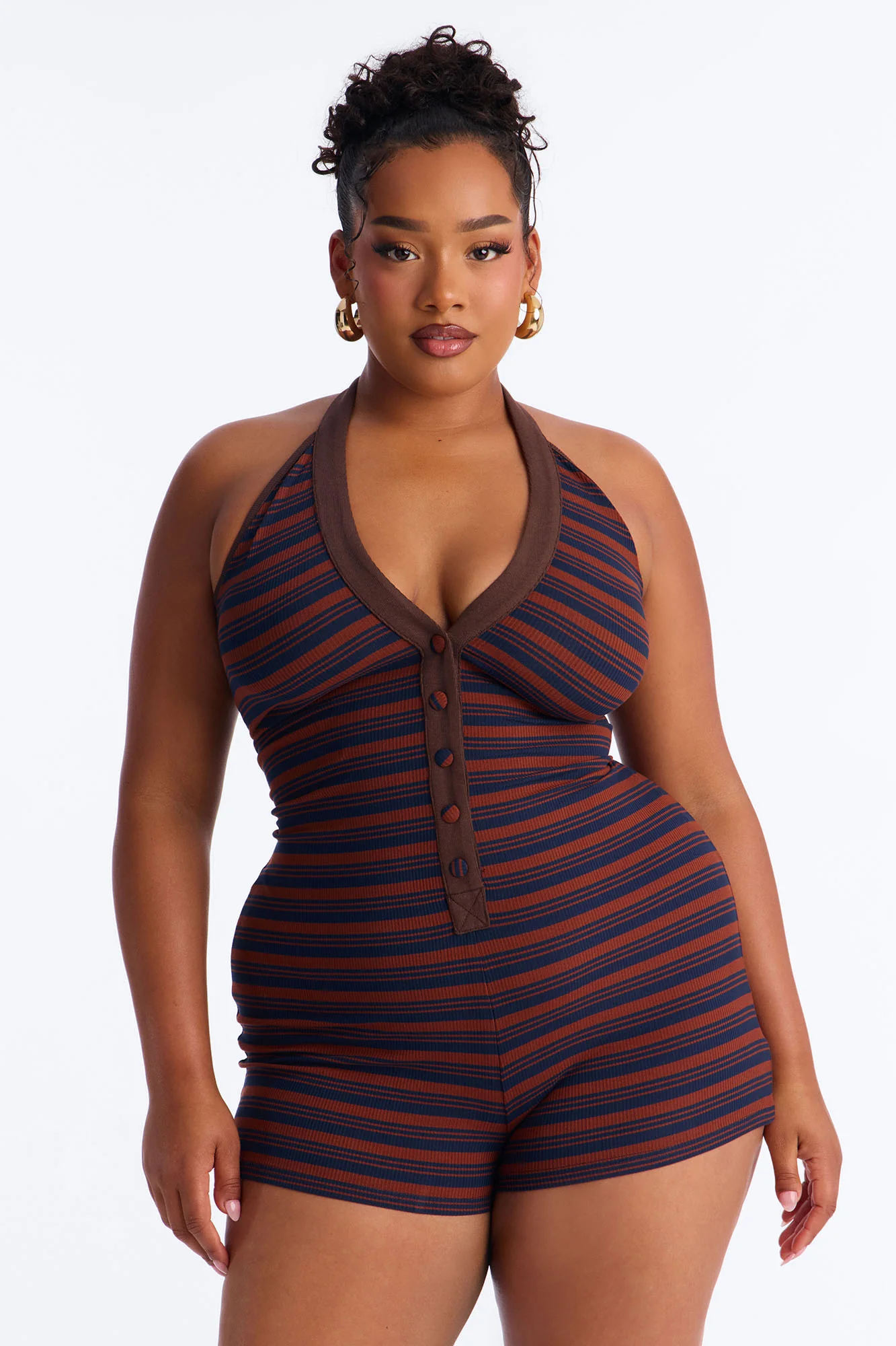 Macee Striped Halter Romper - Brown - Image 5