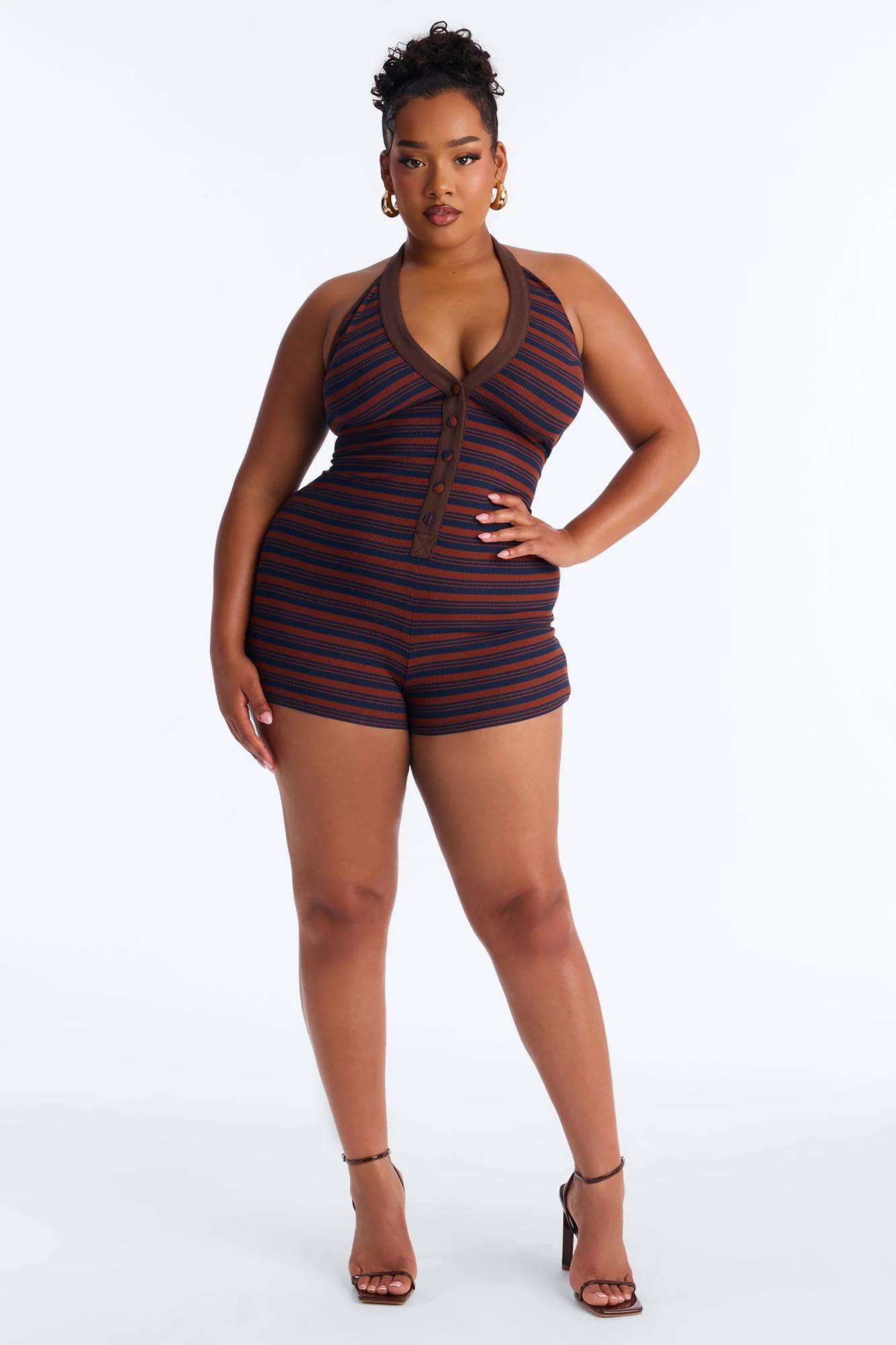Macee Striped Halter Romper - Brown - Image 6