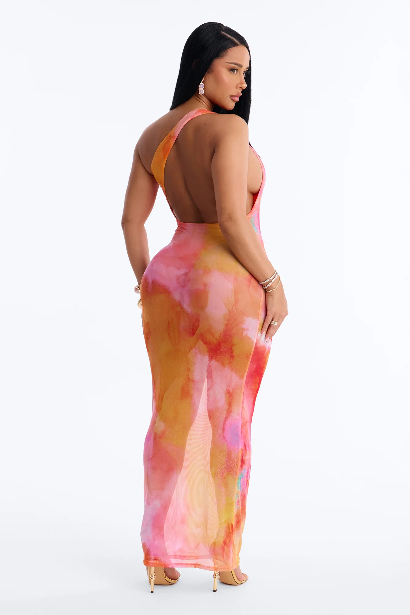 Macy One Shoulder Sheer Maxi Dress - Orange/combo
