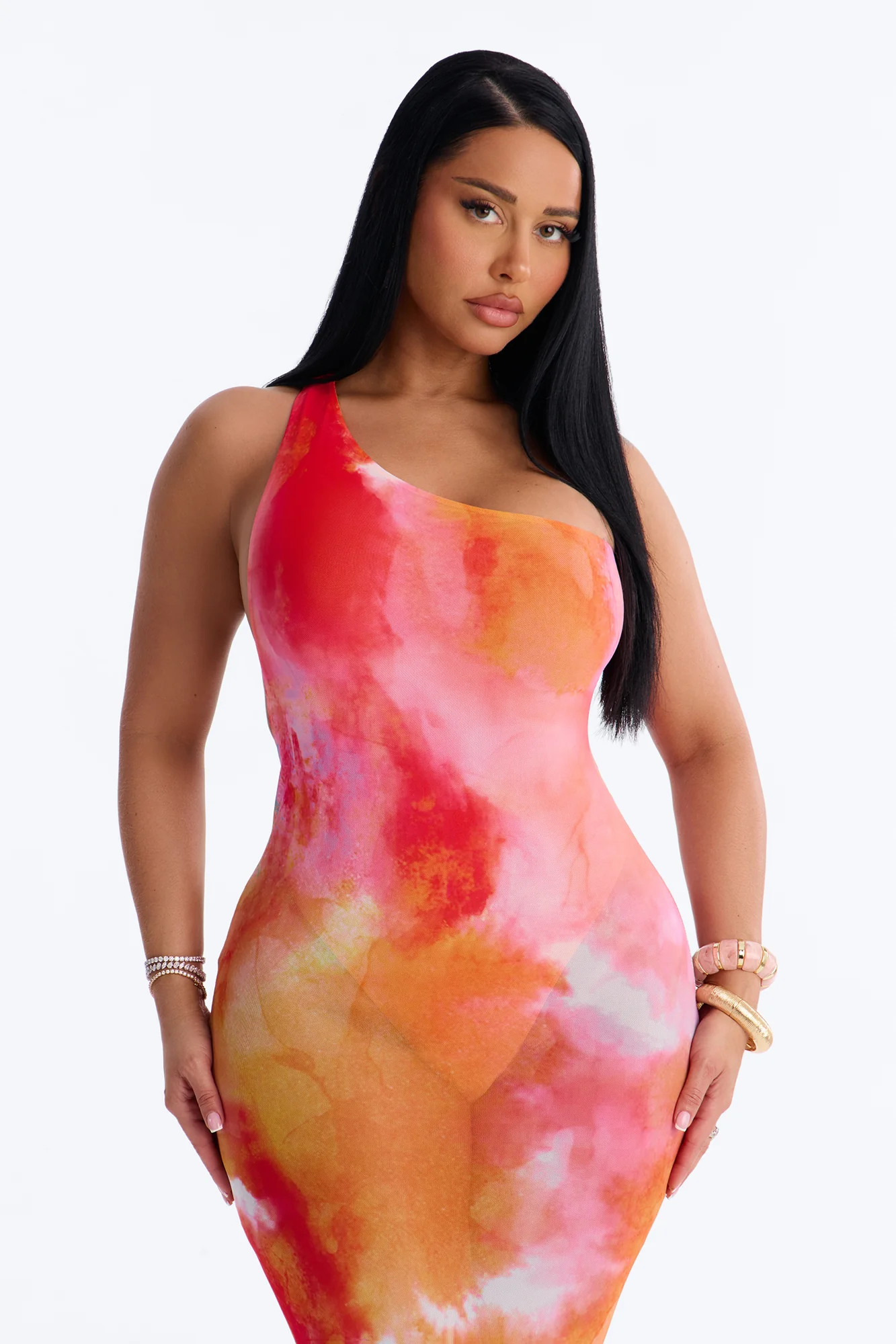 Macy One Shoulder Sheer Maxi Dress - Orange/combo - Image 3