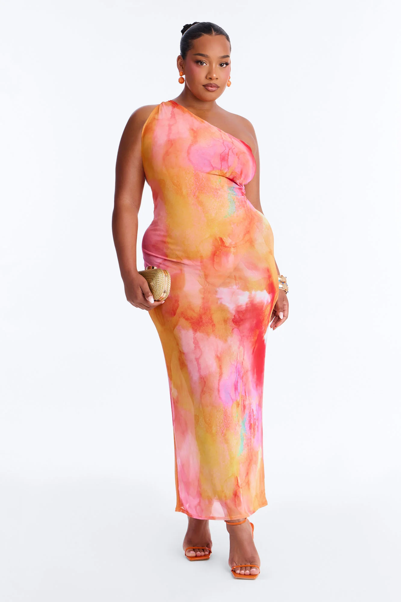 Macy One Shoulder Sheer Maxi Dress - Orange/combo - Image 5