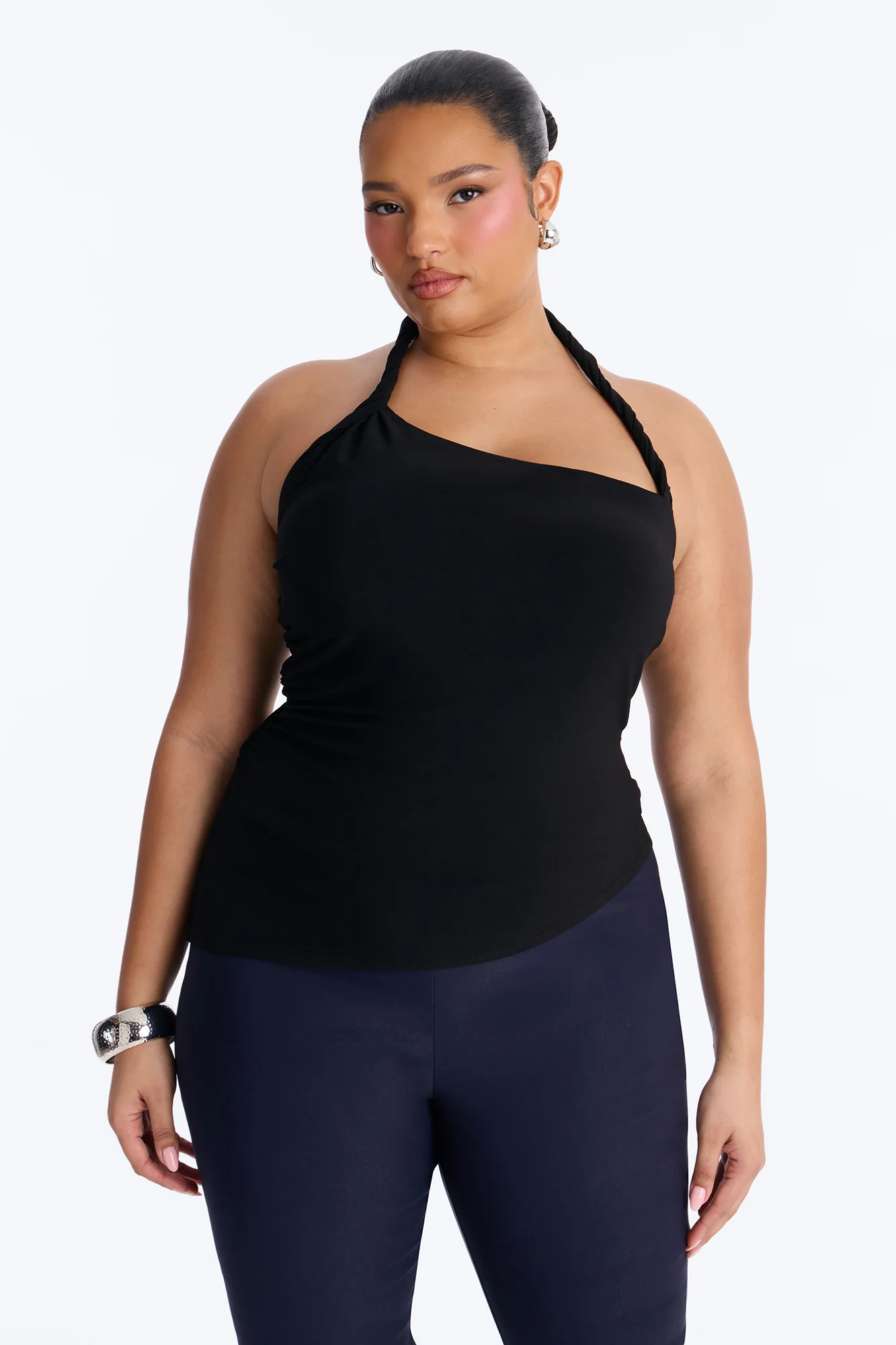 Maddy Asymmetrical Twist Ruched Halter Top - Black - Image 6