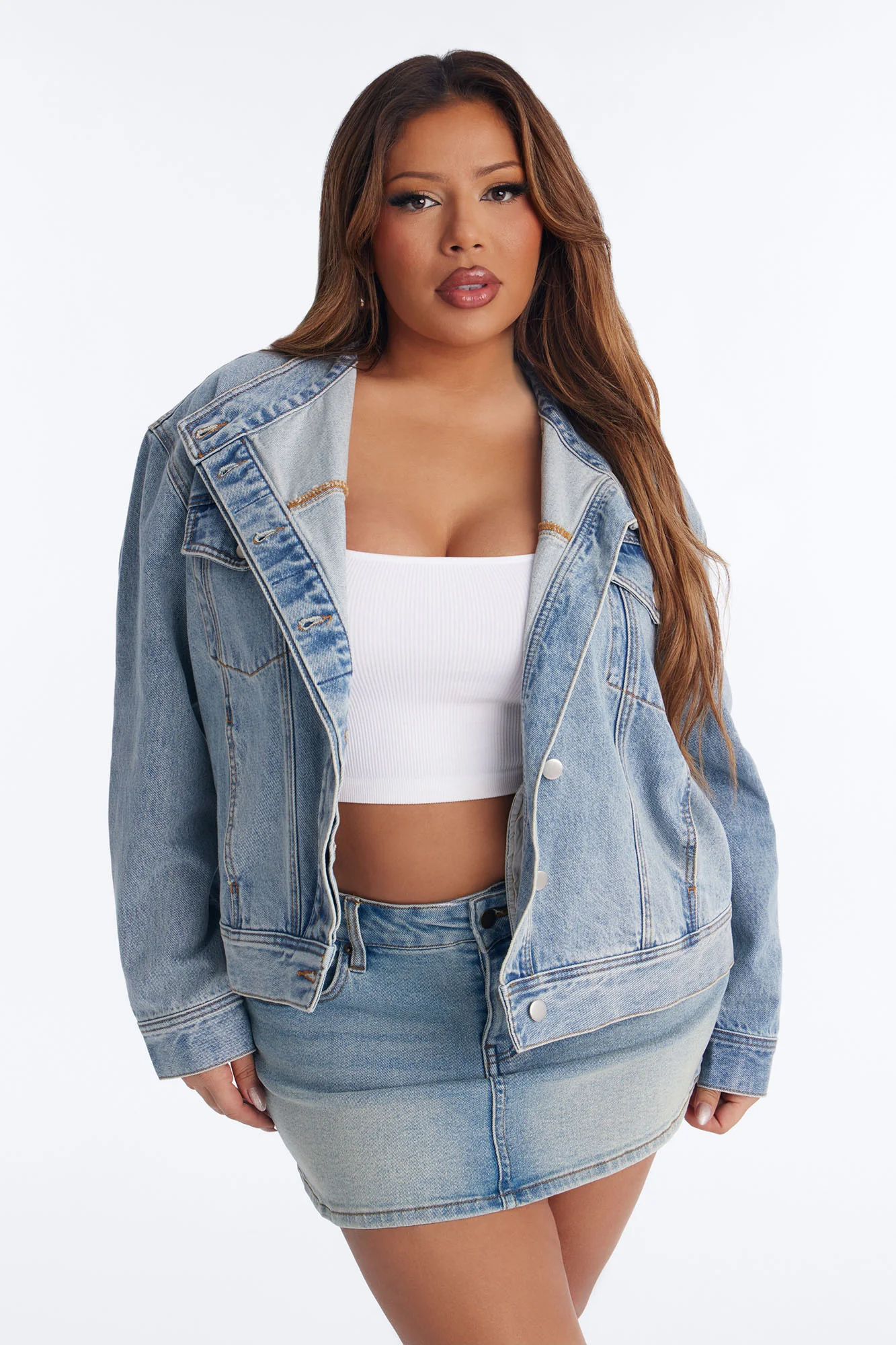 Made The Cover Crossover Denim Trucker Jacket - Medium Wash - Image 5