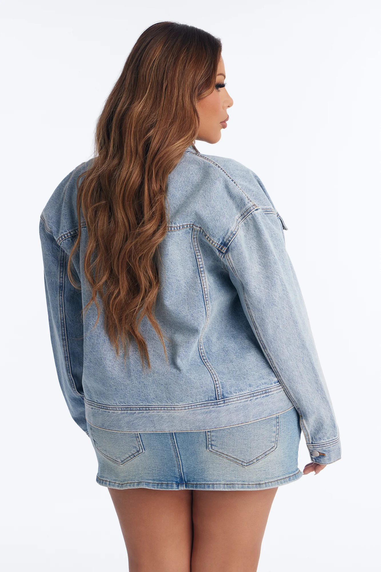 Made The Cover Crossover Denim Trucker Jacket - Medium Wash - Image 8
