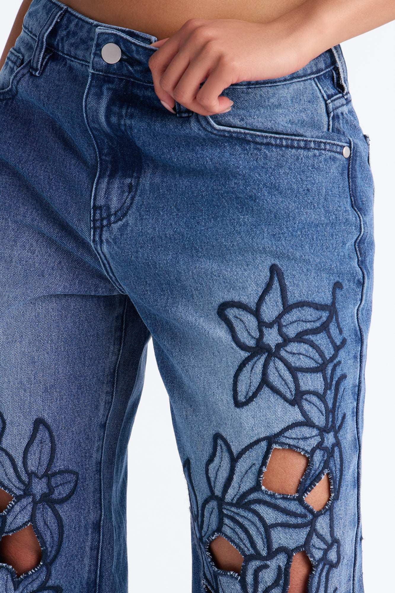 Madeira Cut Work Embroidered Straight Leg Jeans - Medium Wash - Image 3