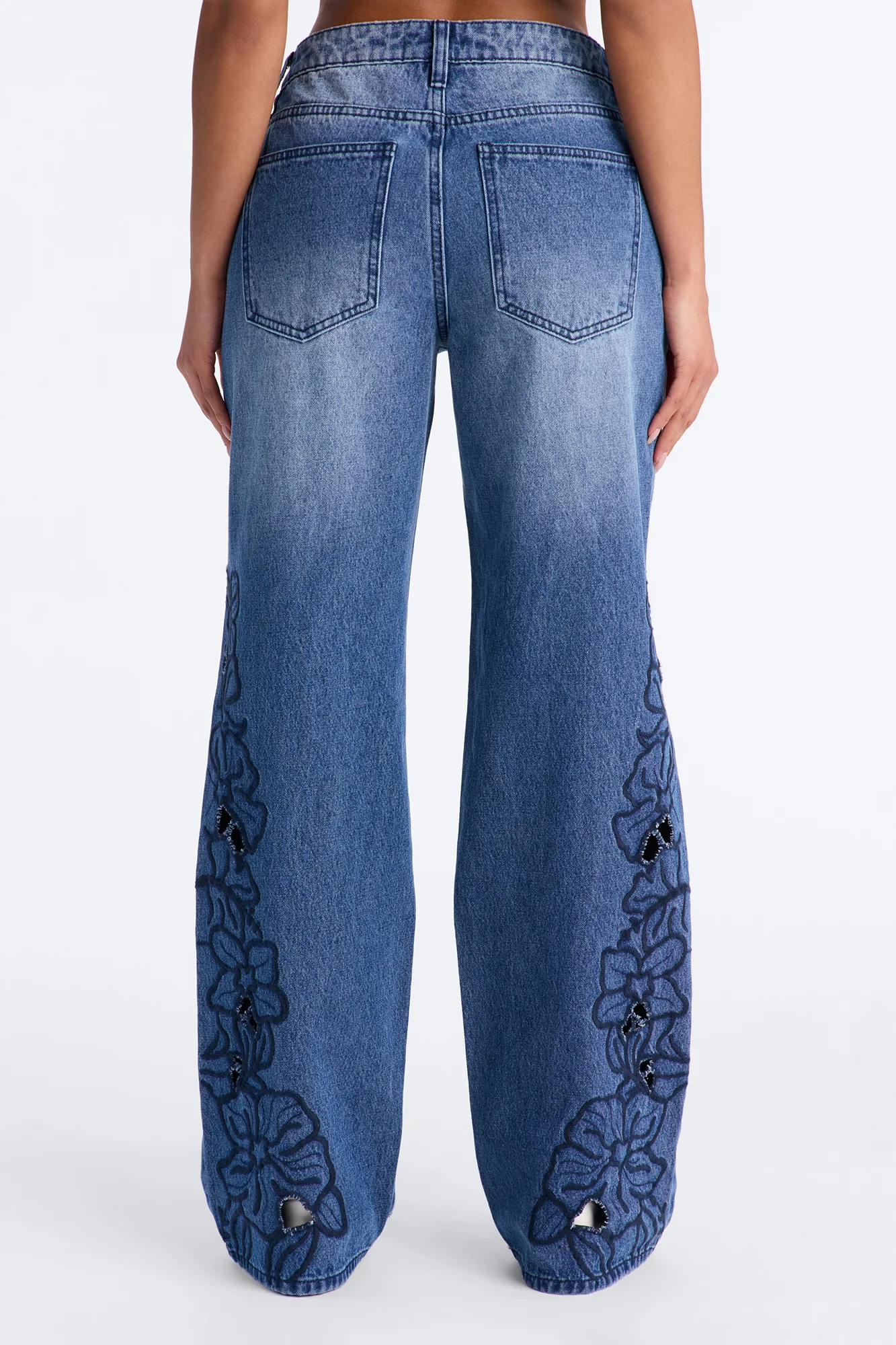 Madeira Cut Work Embroidered Straight Leg Jeans - Medium Wash - Image 4