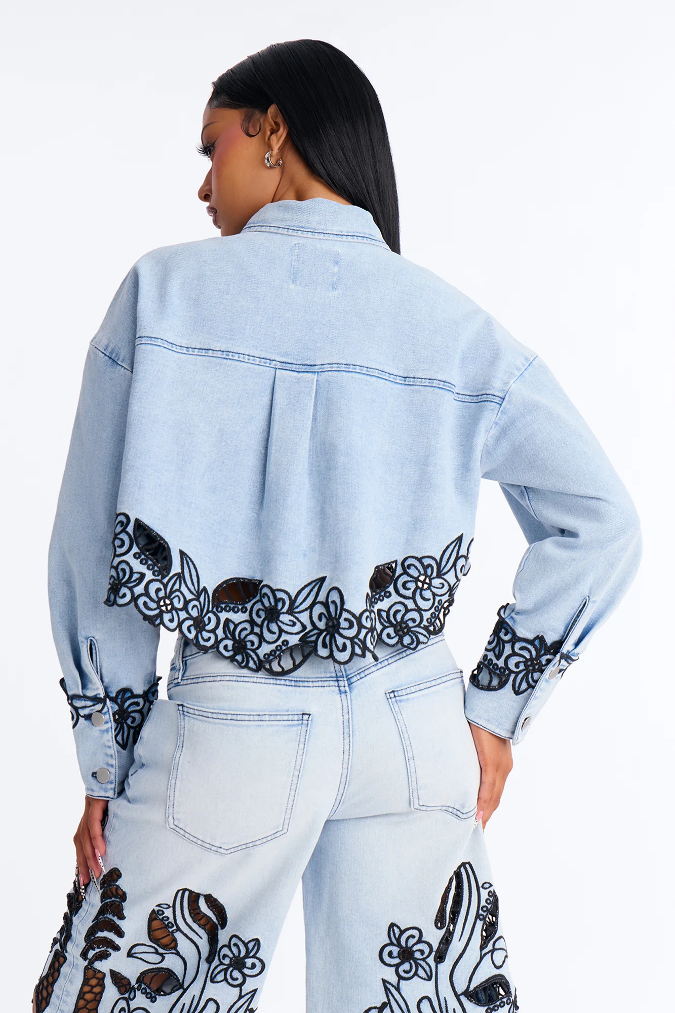 Madeira Embroidered Denim Shacket - Light Wash - Image 3