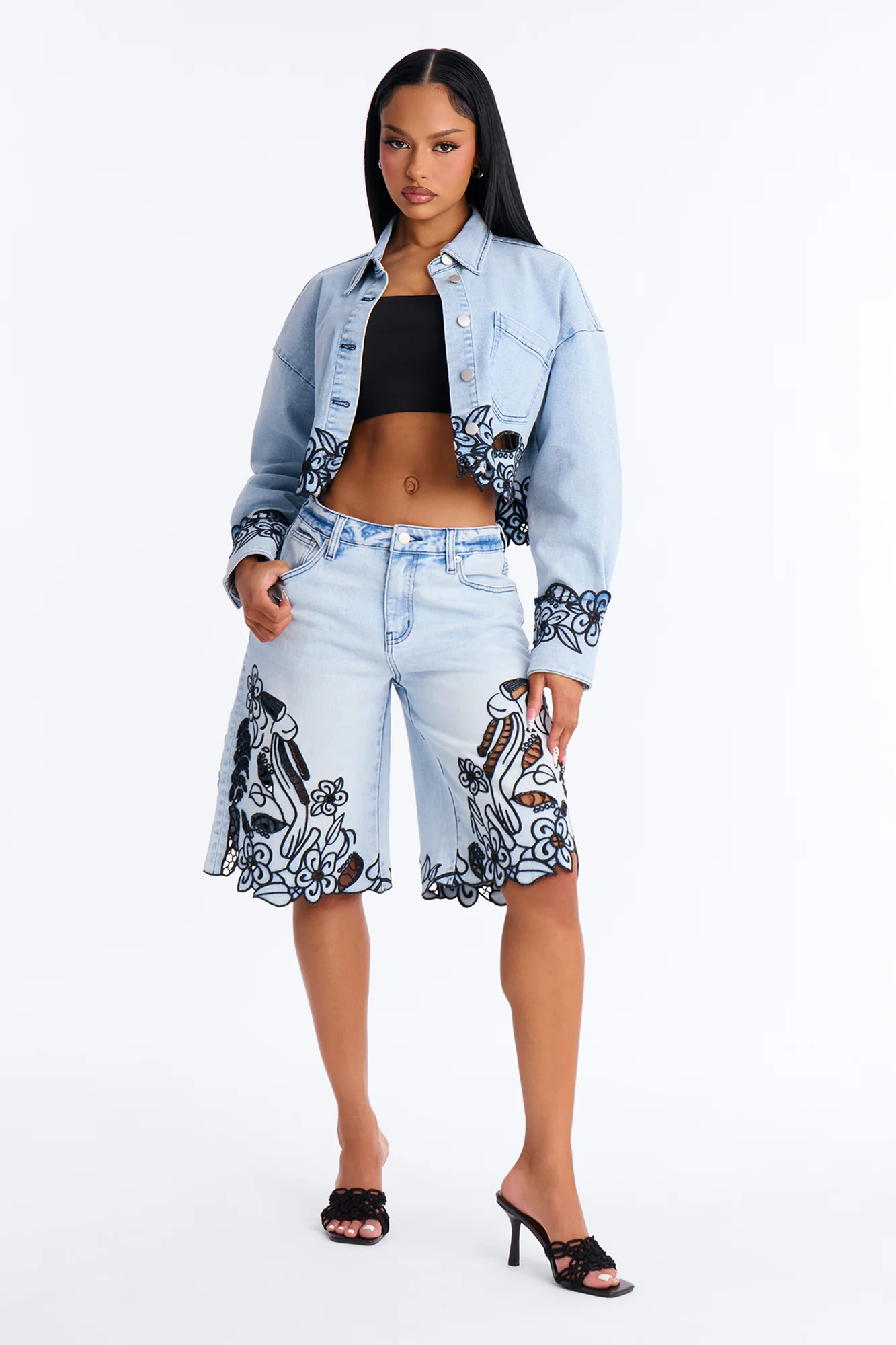 Madeira Embroidered Denim Shorts - Light Wash - Image 3