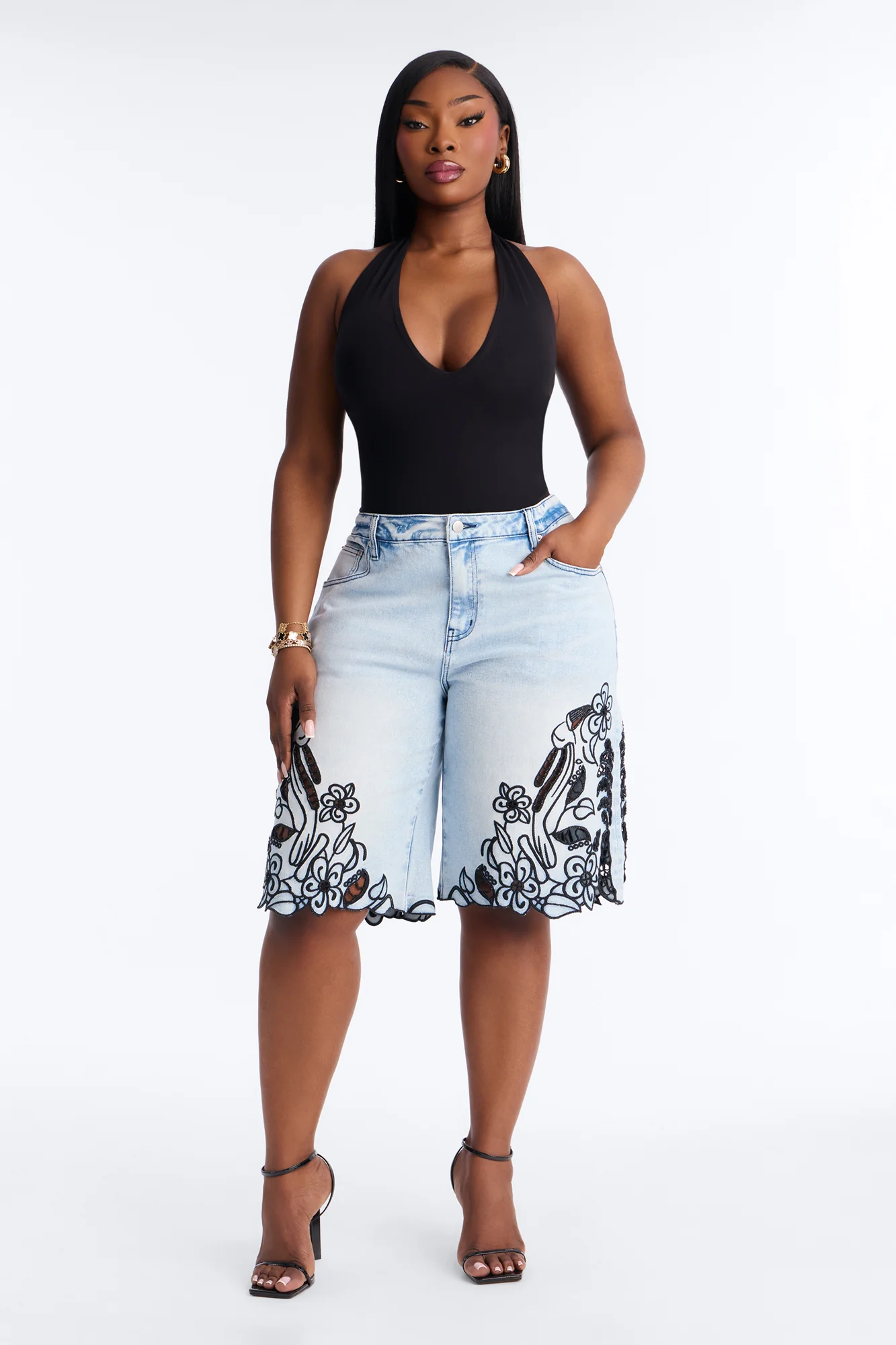 Madeira Embroidered Denim Shorts - Light Wash - Image 5