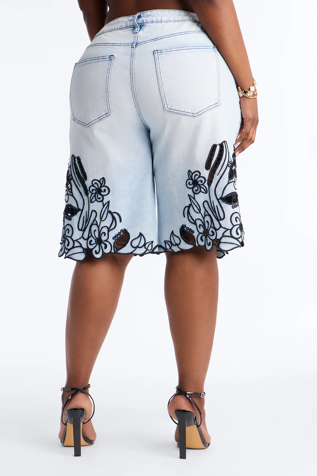 Madeira Embroidered Denim Shorts - Light Wash - Image 8