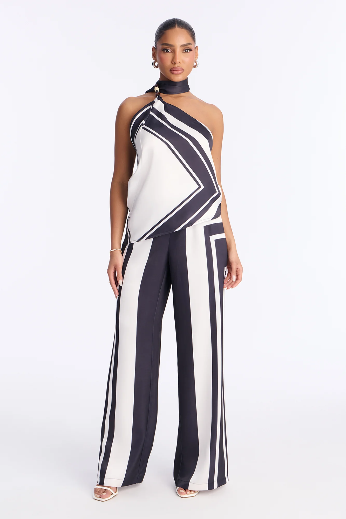 Madeline Satin Halter Pant Set - Black/White