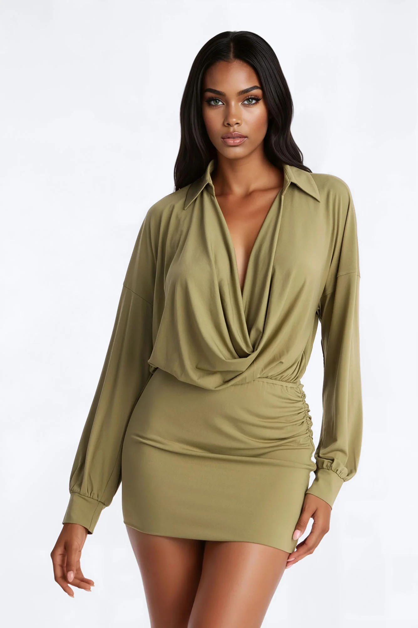 Madilynn Cowl Neck Mini Dress - Olive - Image 2