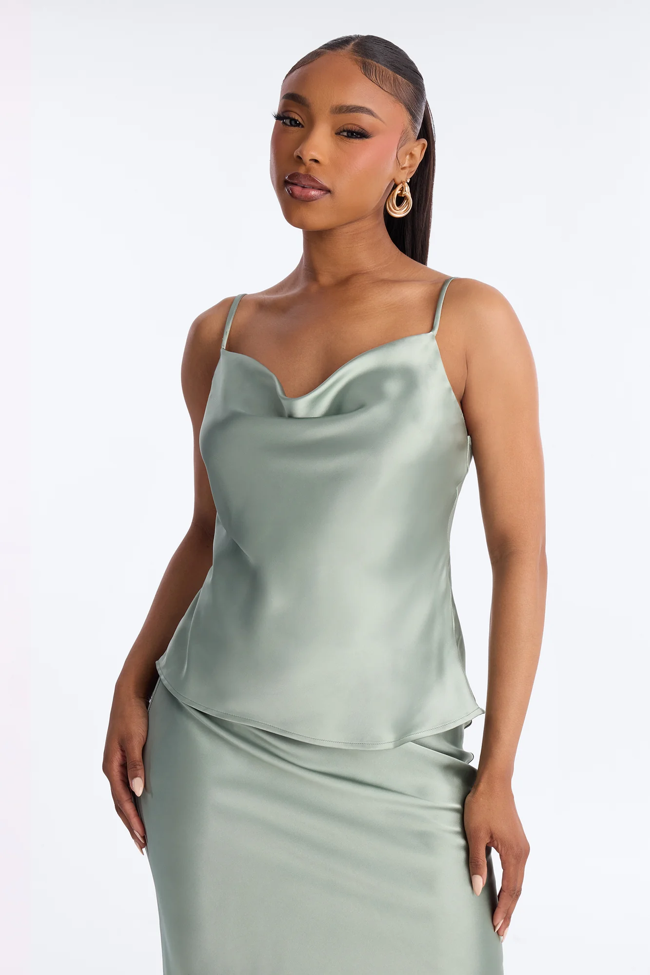Madison Bias Cut Satin Midi Skirt Set - Sage - Image 2