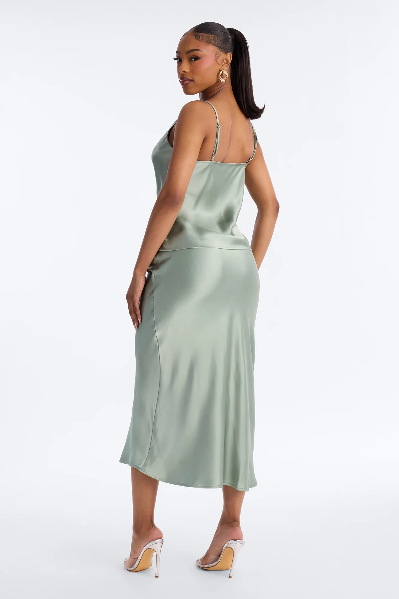 Madison Bias Cut Satin Midi Skirt Set - Sage - Image 3