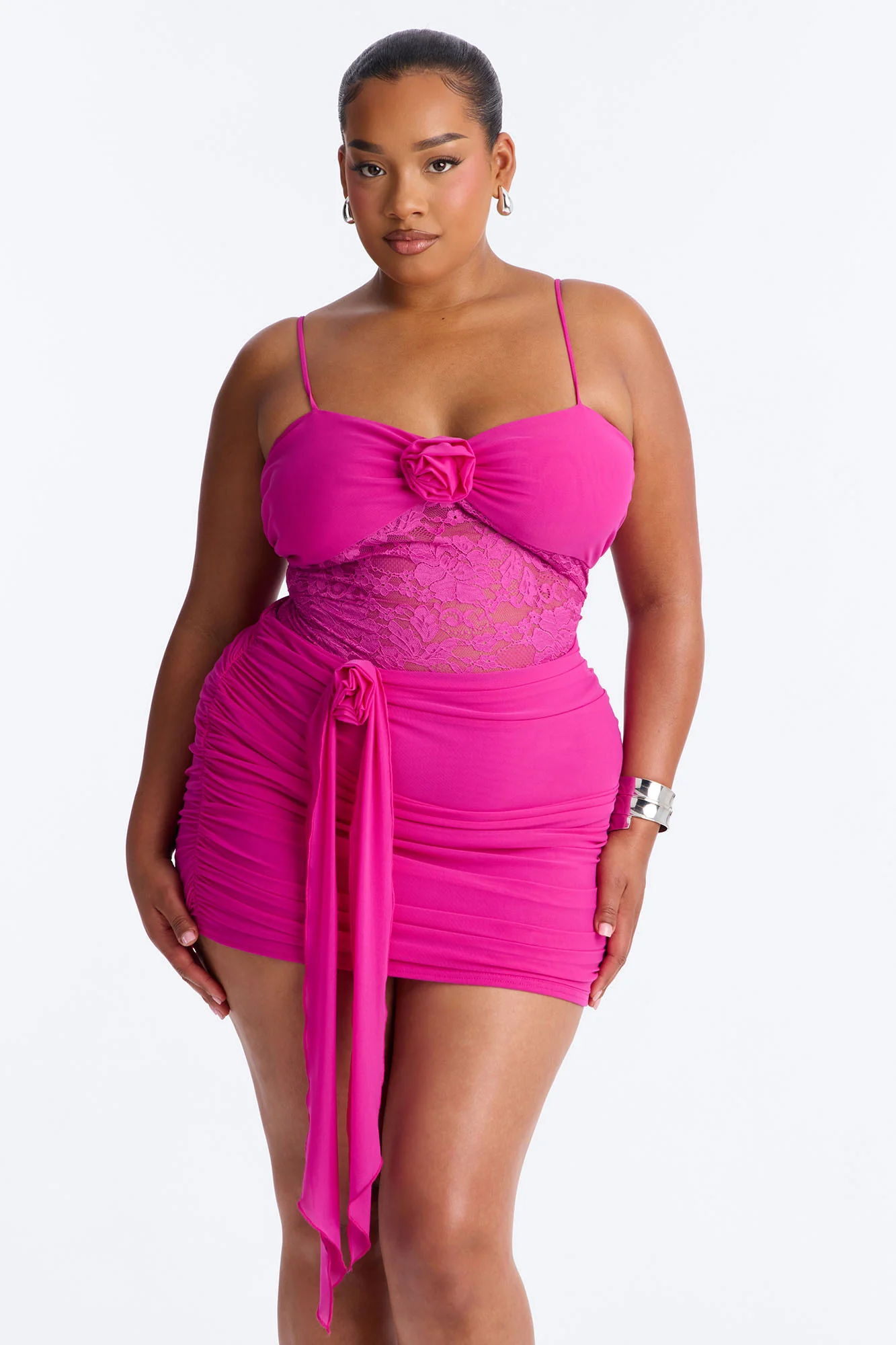 Madison Lace Cut Out Mesh Mini Dress - Fuchsia - Image 5