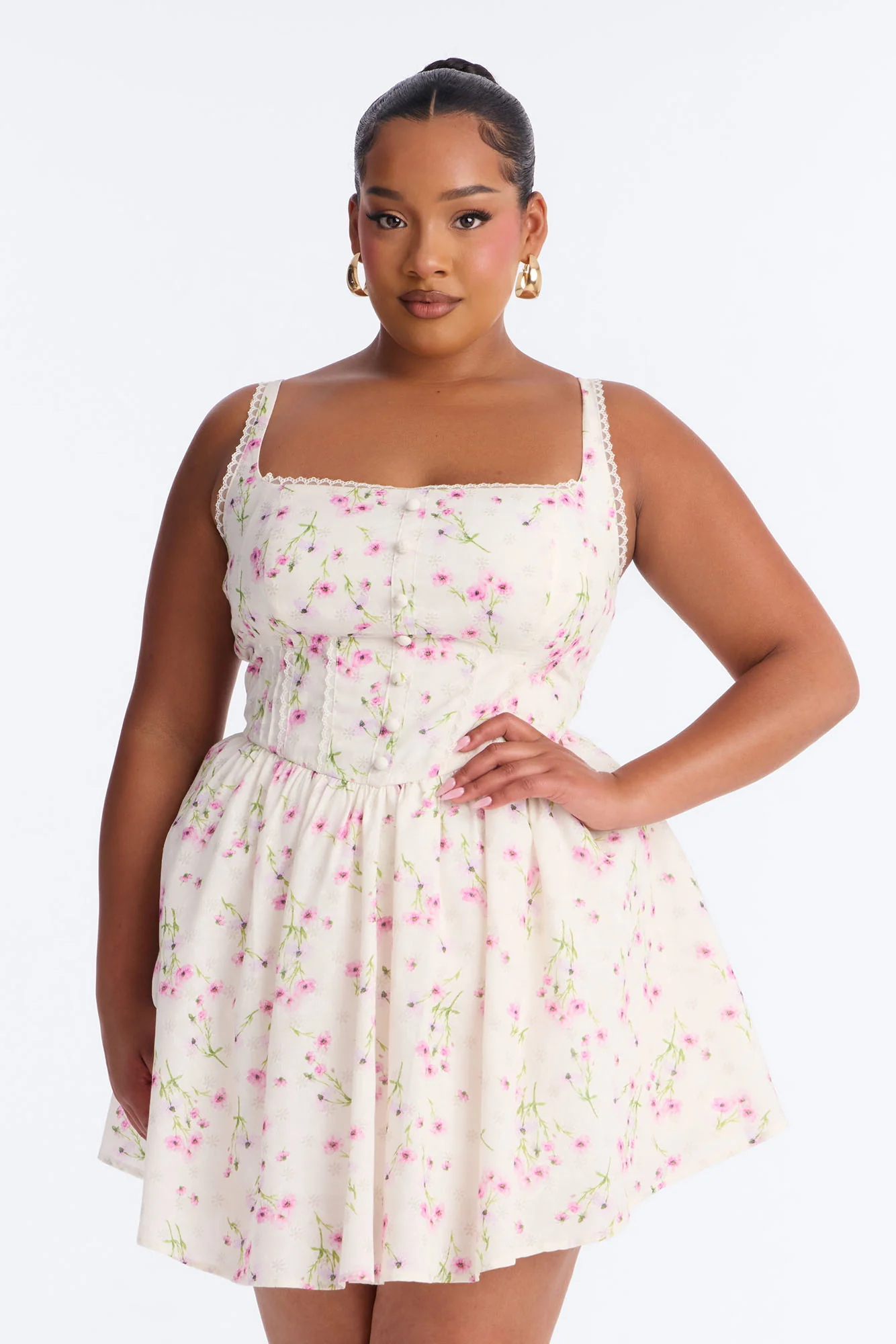 Madison Lace Trim Floral Mini Dress - Pink - Image 5
