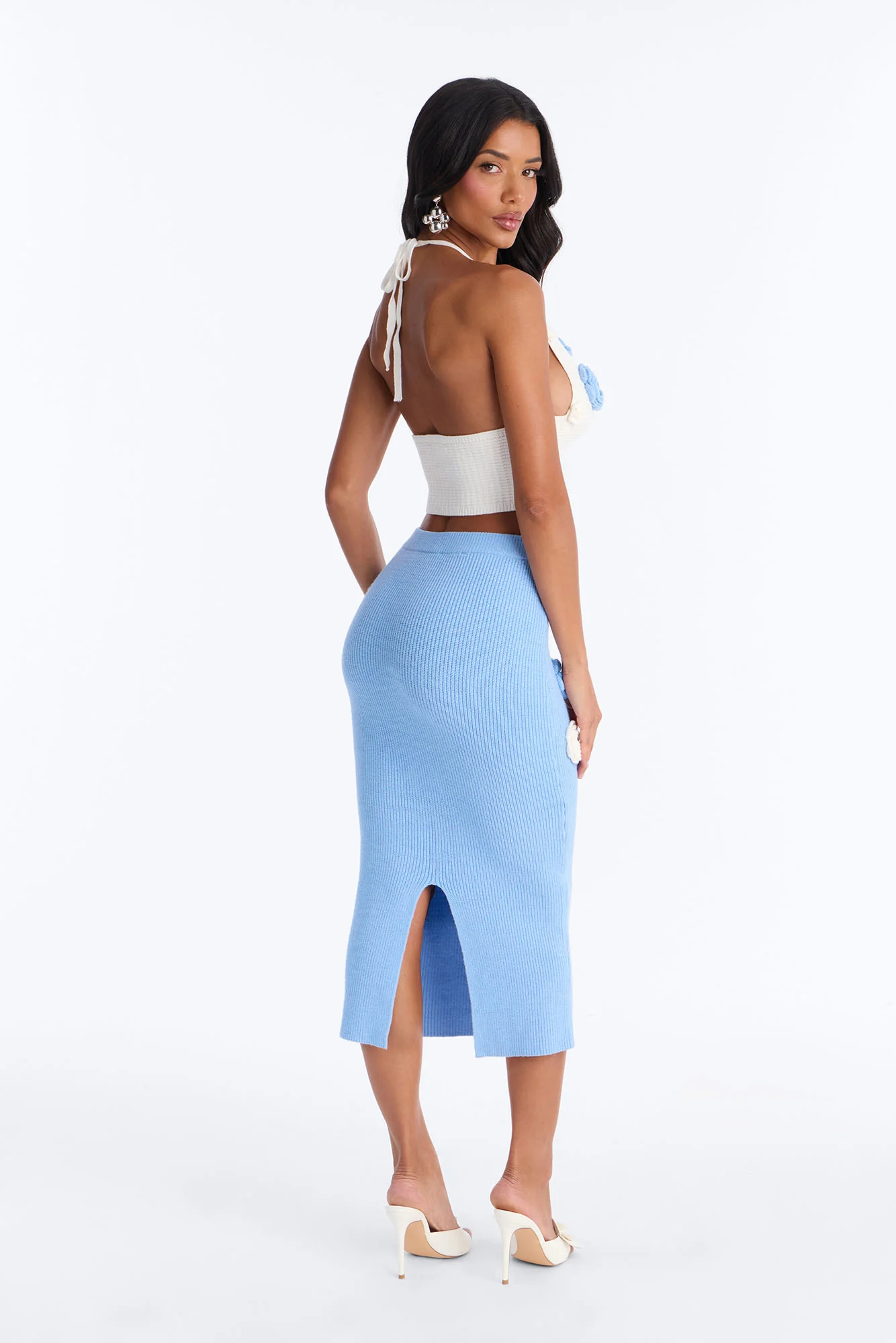 Mae Flower Sweater Midi Skirt Set - Light Blue - Image 4