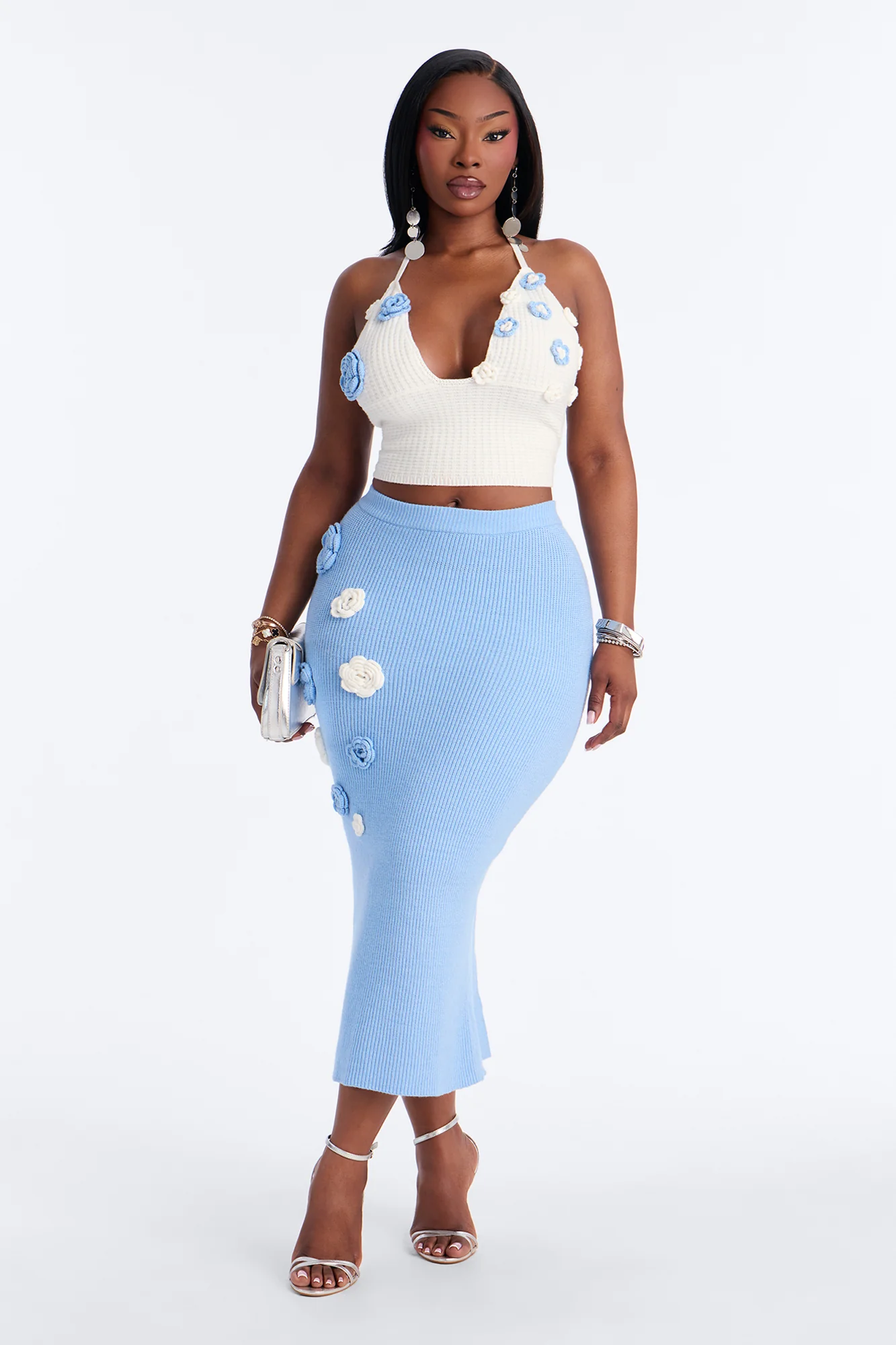 Mae Flower Sweater Midi Skirt Set - Light Blue - Image 5