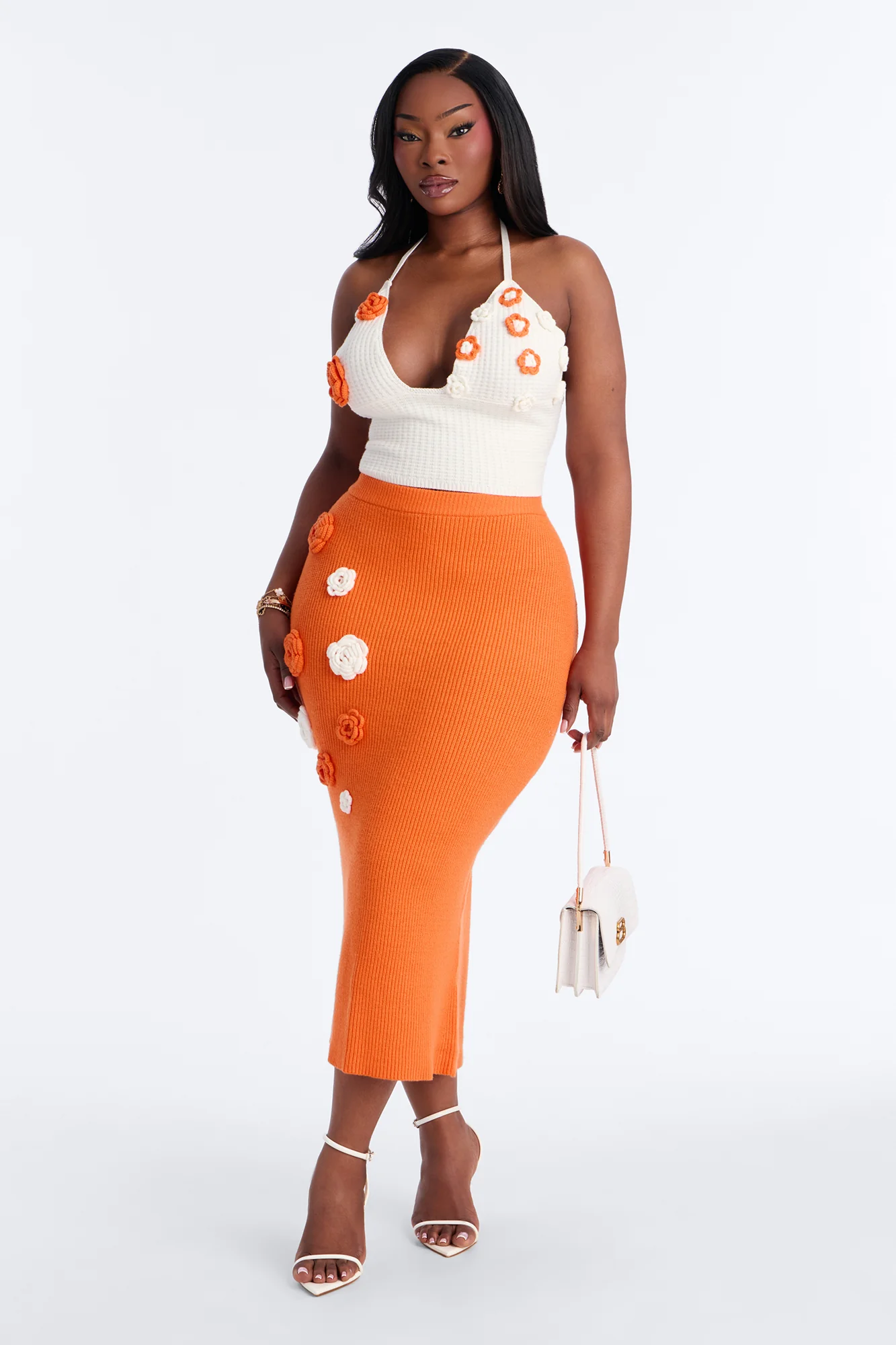 Mae Flower Sweater Midi Skirt Set - Orange - Image 6