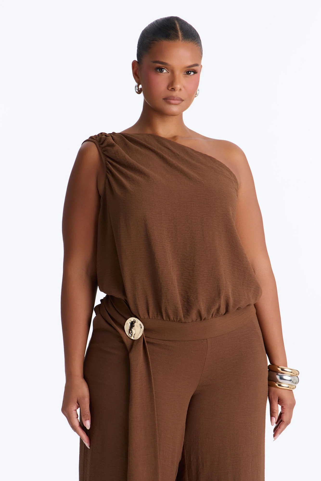 Maeve One Shoulder Pant Set - Brown - Image 6