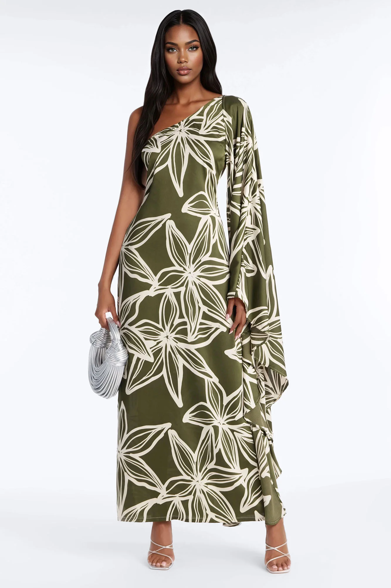 Maeve One Shoulder Satin Maxi Dress - Olive/combo