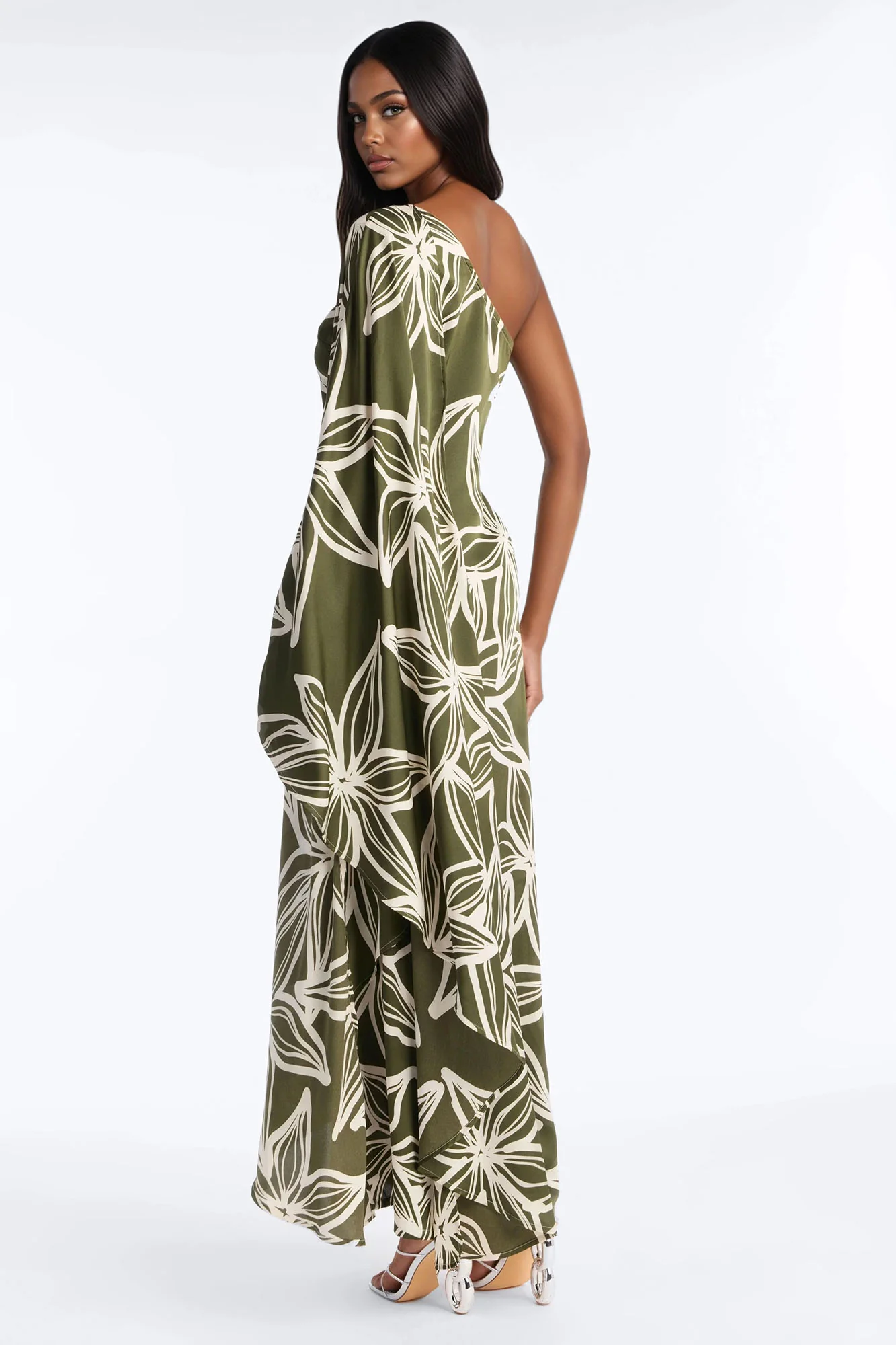 Maeve One Shoulder Satin Maxi Dress - Olive/combo - Image 4