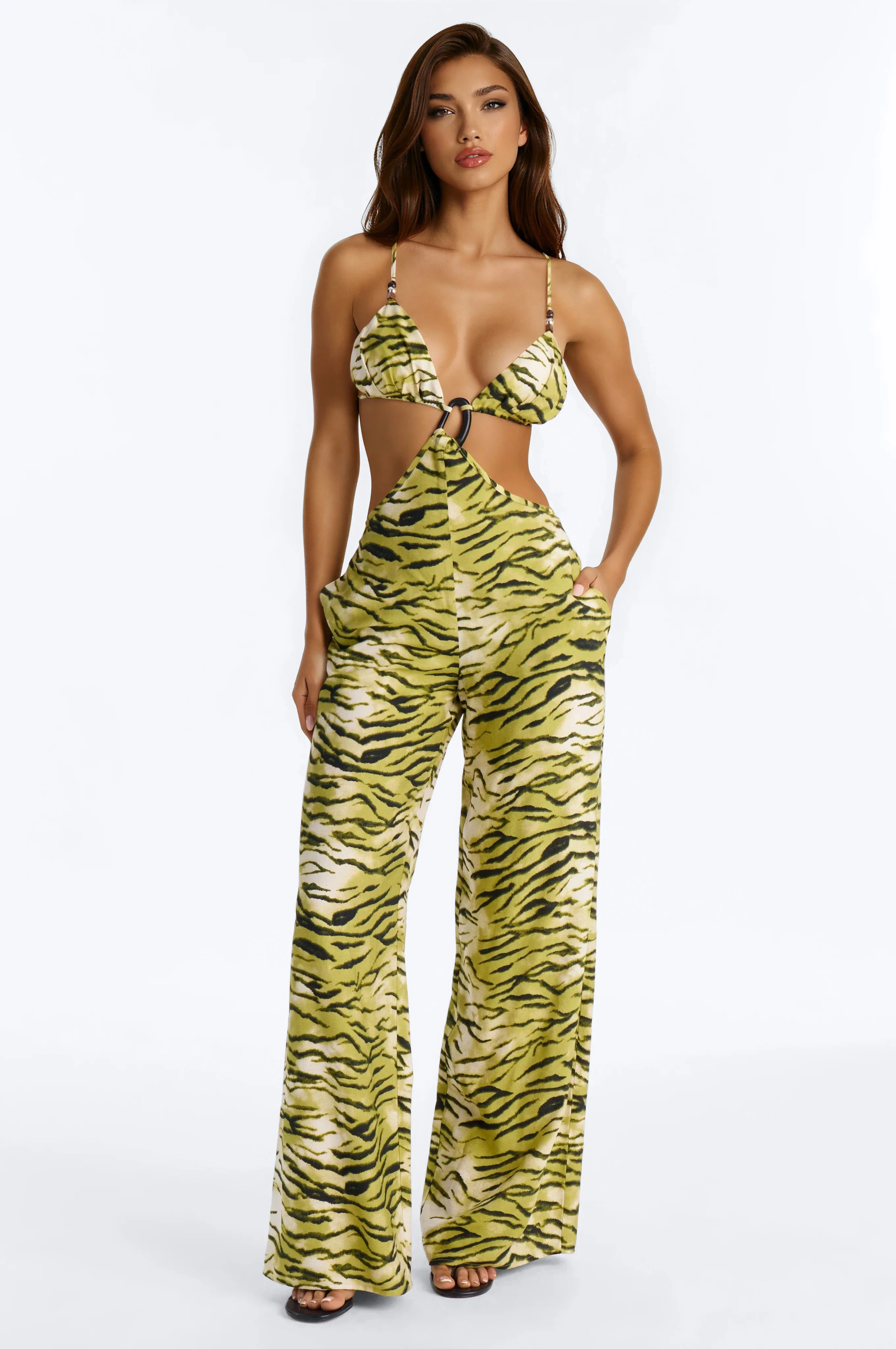 Maevie Beaded Wide Leg Jumpsuit - Green
